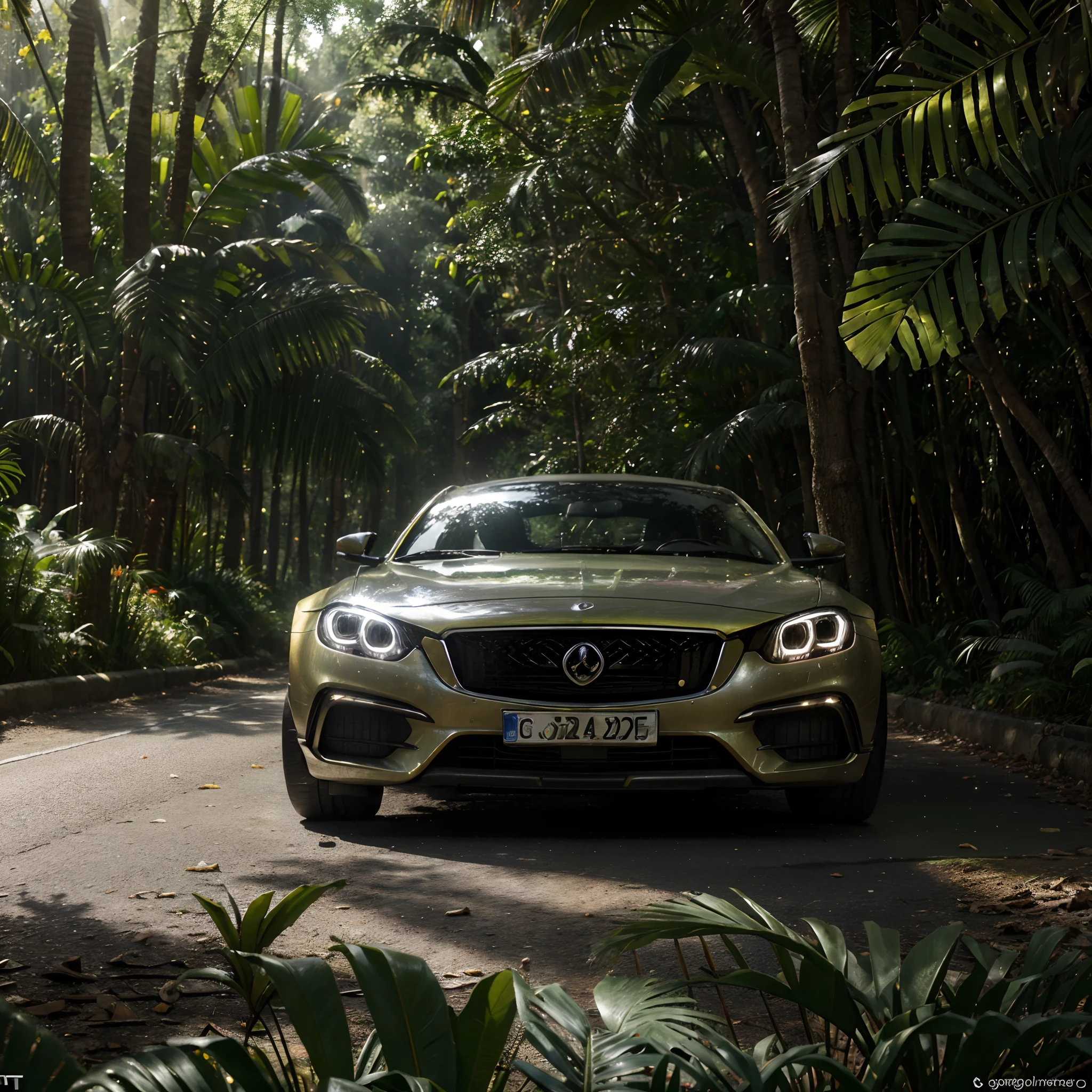 Banana and banana leaves designed African high tech car, racing in the forest, leaves spreading in the background, forest trees reflecting on the car's shinny surface, sunlight piercing through the trees with soft light shining, with iridescent light, cinematic lighting, artgerm style, 32k, ultra HD, unreal engine rendered, hyper-realistic image, octane 3d