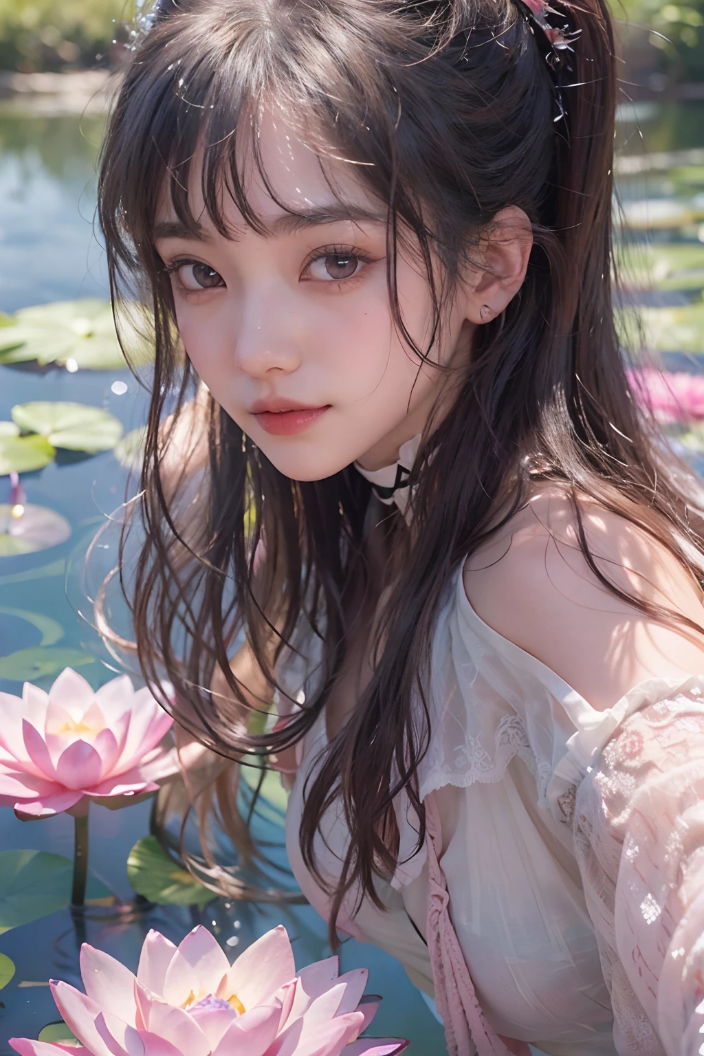 (a closeup)、(From above)、((1a girl in))、(18year old)、(looking at view)、(Cute smile)、((Black hair long hair))、((Pattsun bangs))、(Bun hair)、(Pink makeup)、(brown-eyed)、(Photoreal Stick:1.2)、in 8K、(High quality shadows)、Detail Beautiful delicate face、Detail Beautiful delicate eyes、Cute K-pop Idol、(Korean Urzan Face)、gloweyes、perfectbody、red lipsticks、Natural color reproduction、Shiny hair、Description beautiful delicate hair、(Lustrous skin)、cloudy ash sky、电影灯光、(a choker)、White see-through dress、corsets、long skirt、Water Lily Flower、It is in the water of a large pond、