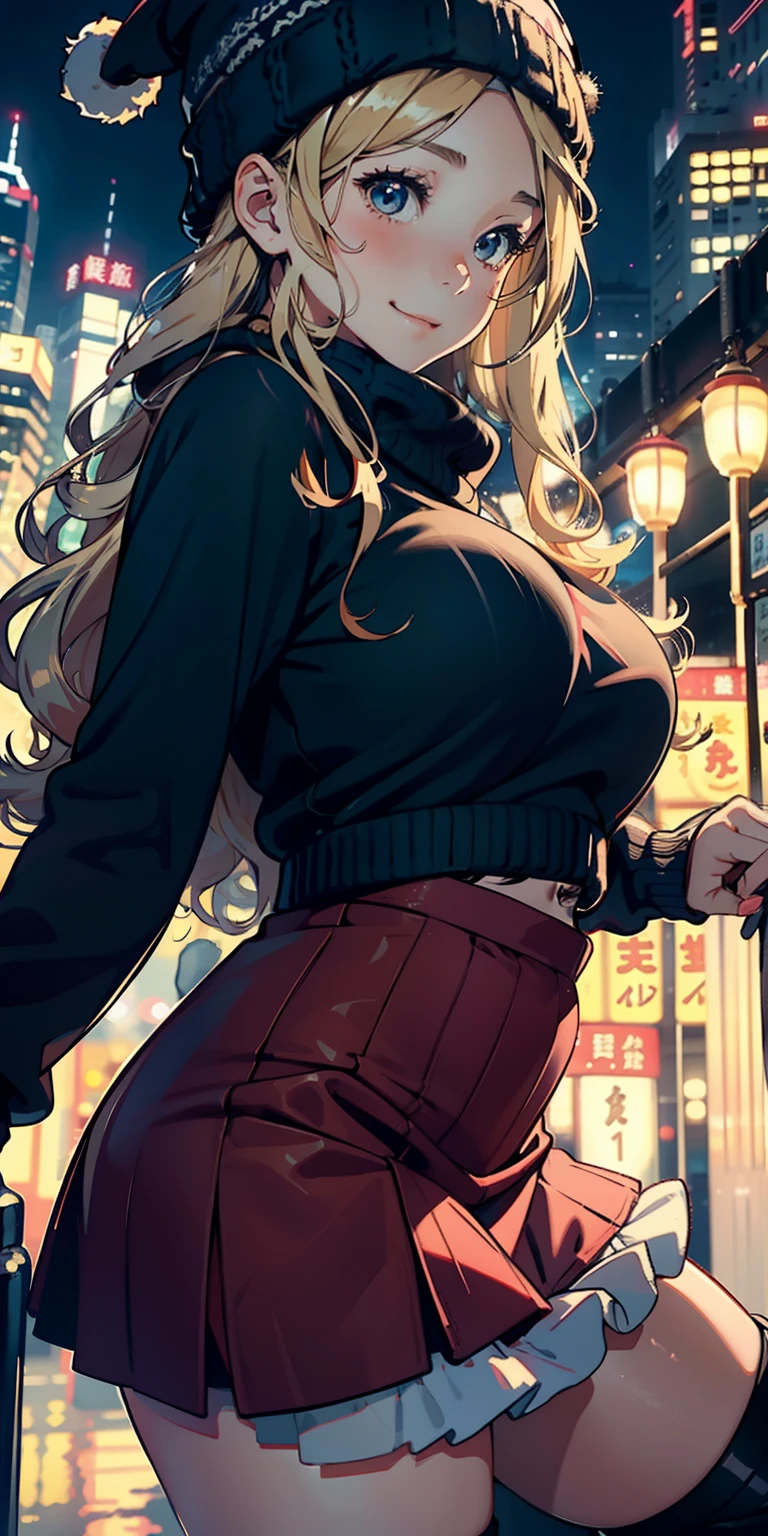 realisticlying、11 year old girl、Blonde long wavy hair、Super close-up from the ground、Wearing a knitted hat that emphasizes the calves、Wearing a ruffled miniskirt、Breasts enlarged、Versatile sexy poses、Face smile、Hong Kong on Christmas Night