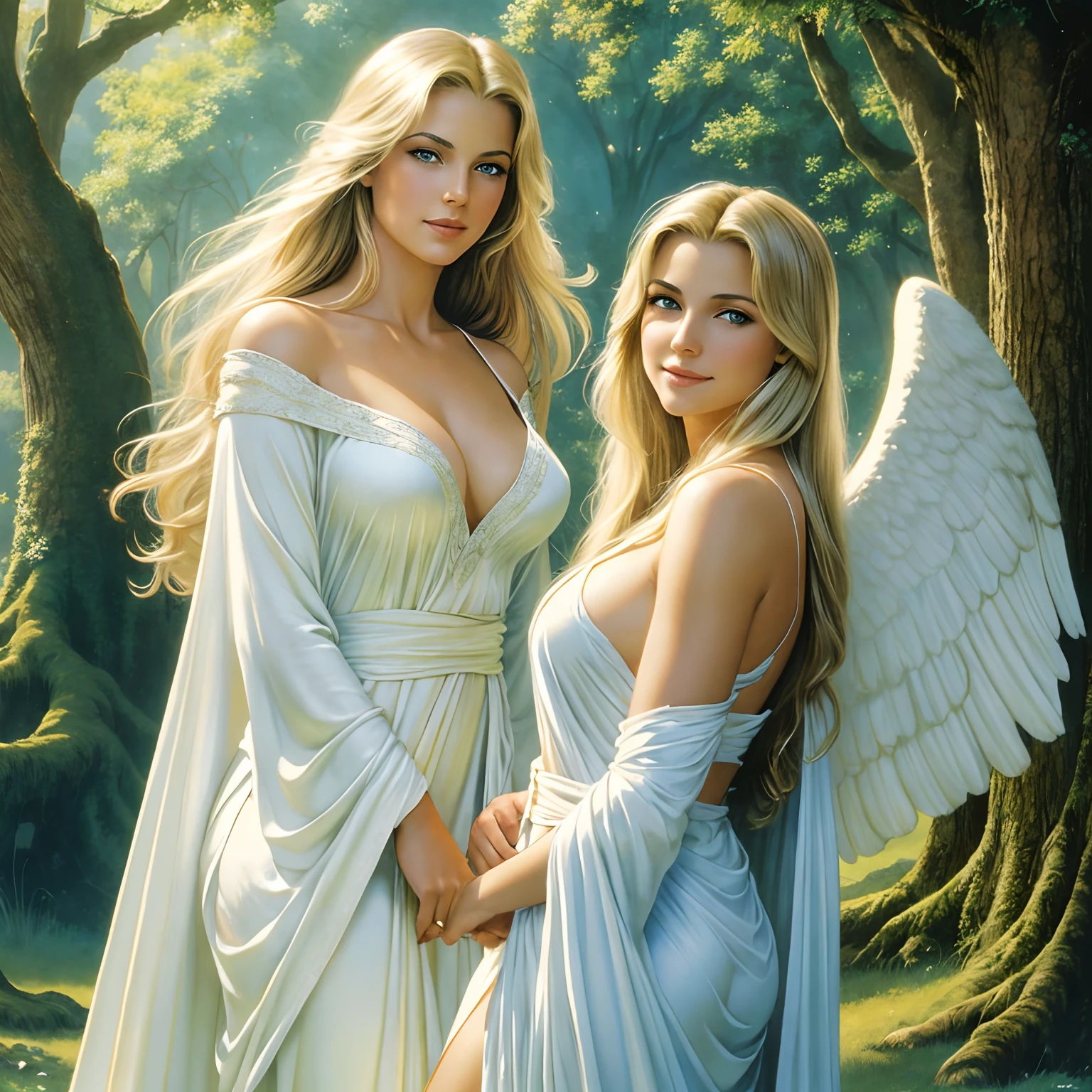 masterpiece, realistic, the most beautiful mature woman, small blue eyes, radiant makeup, wonderous and natural grace, pleasant smile, fun filled and playful, beautiful flowing blonde hair, flowing white robes, perfect angel wings, inside a beautiful ancient granite palace, tall green trees, fantastic sunny day with puffy clouds in the sky, by Frank Frazetta, by Luis Royo, by boris vallejo,