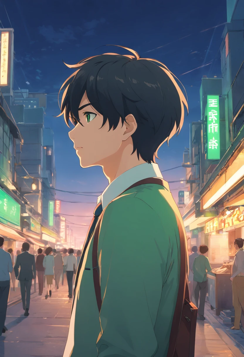 25-year-old man with short black hair., Green eyes and short beard., Dreesed was a businessman of the time., Look for the purpose of life.