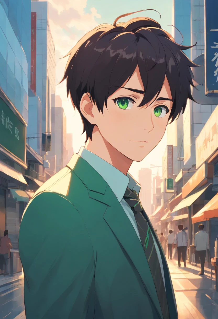 25-year-old man with short black hair., Green eyes and short beard., Dreesed was a businessman of the time., Look for the purpose of life.