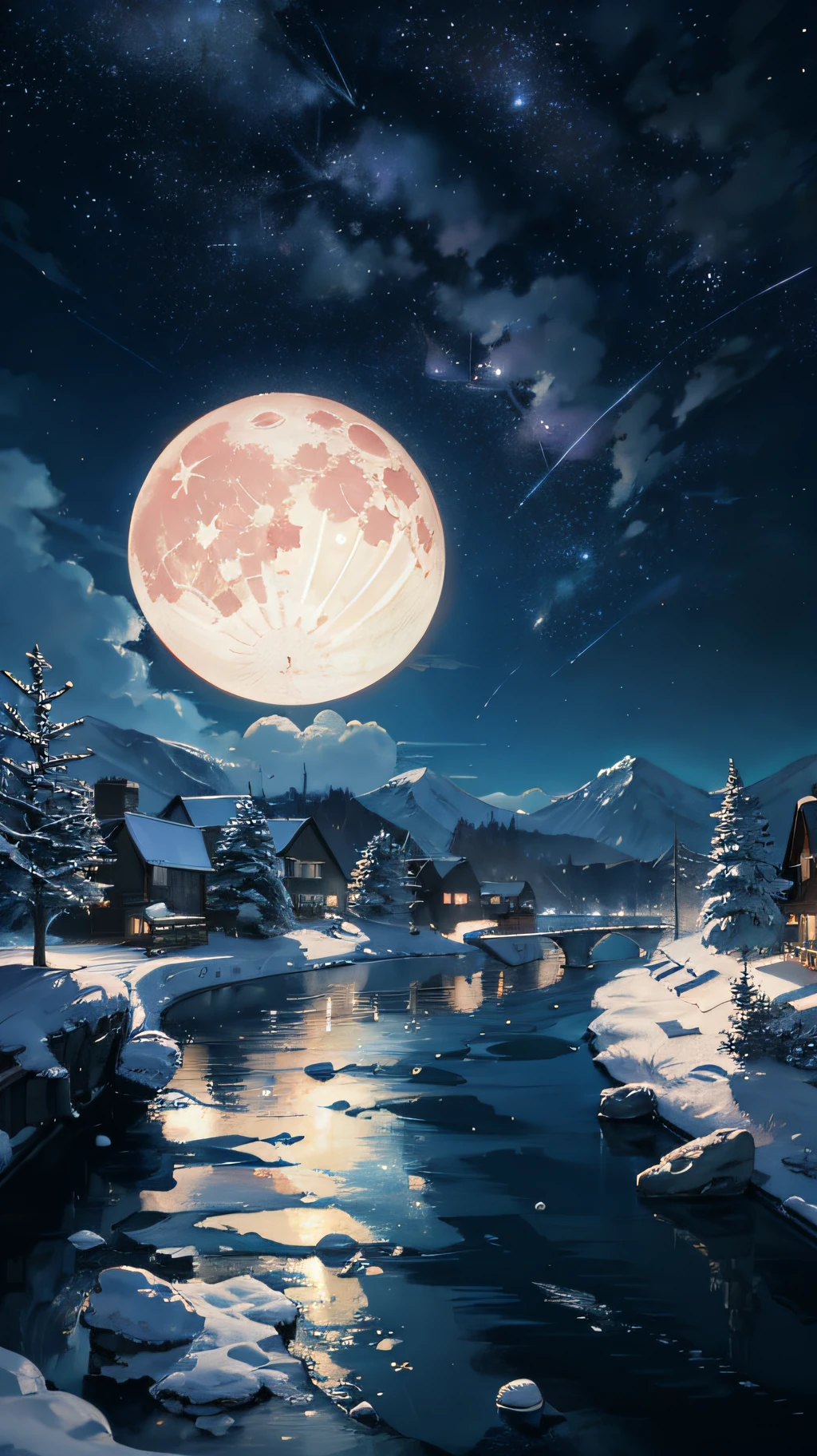 A painting of a river with stars and moon in the sky,The concept art was inspired by Tosa Mitsuoki,Pixiv competition winner,best qualtiy,Fantasyart,beautiful anime scenes,Ice Age,A bright moon,Starry sky environment in moonlight,Dream painting,Anime background art,dream scenery art,Fantastic night, anime backgrounds, background artwork, dreamlike art, Atmospheric anime, starrysky,Detail enhancement。