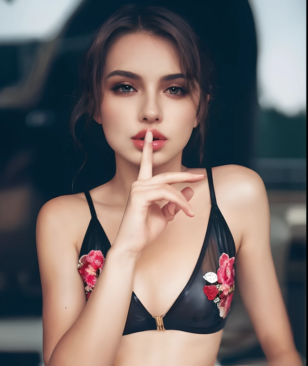 a woman in a black latex top with a finger on her lips, latex lingerie, beautiful woman.