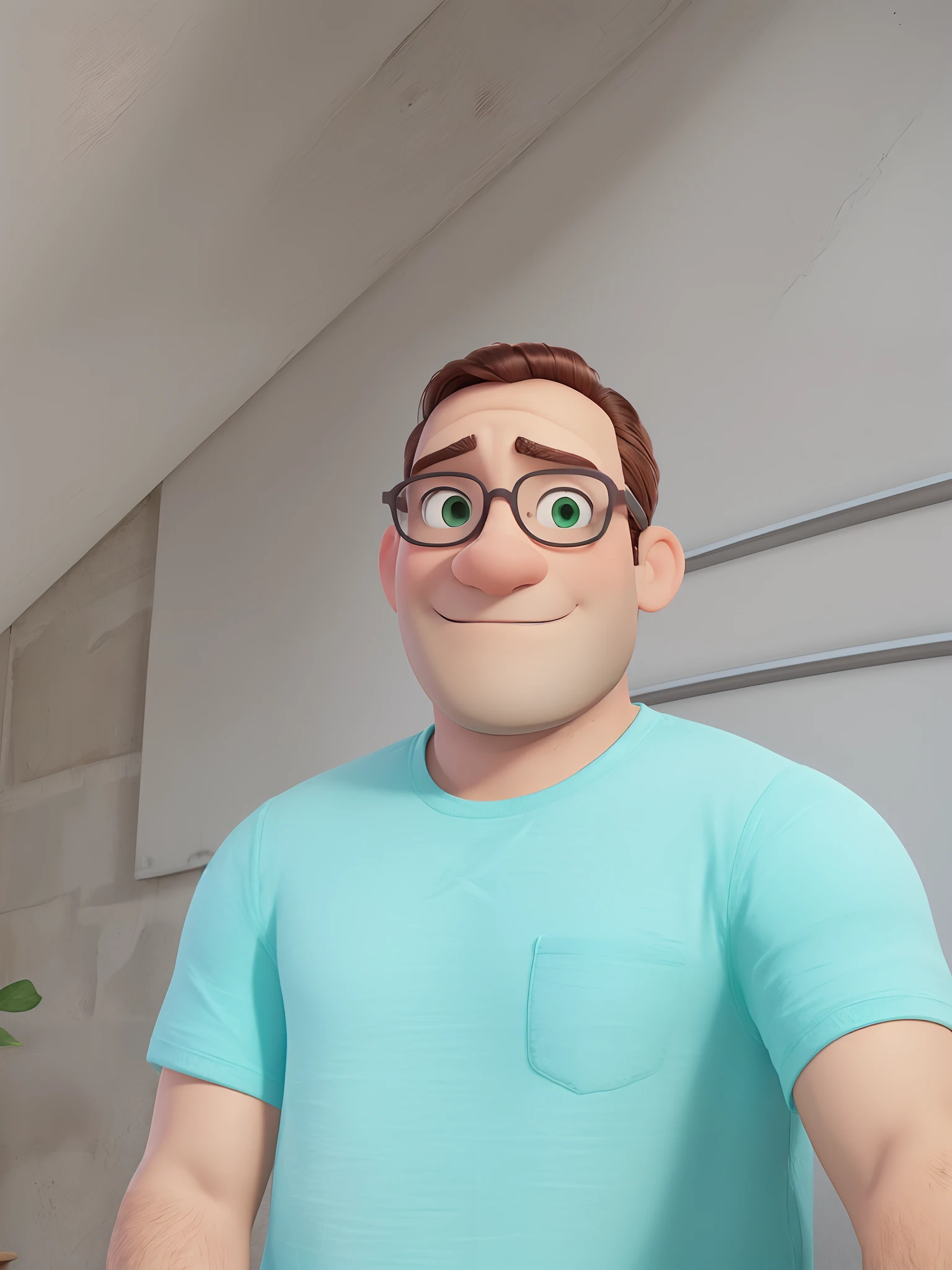 Um homem branco estilo PIXAR, wearing prescription glasses, cabelo curto usando camisa verde claro, alta qualidade, melhor qualidade