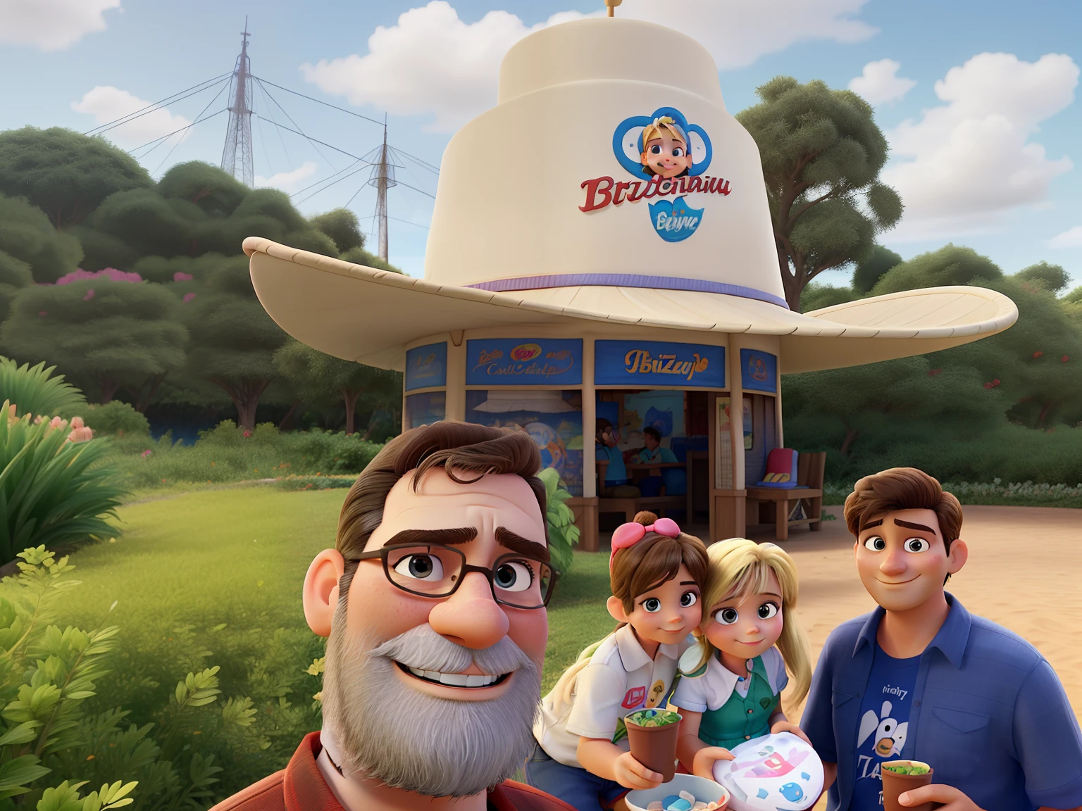 Paternal family, mami, filho de 15 anos e filha de 5 anos, who went on vacation to Beto Carreiro World Park, felizes da vida. Blonde mother and daughter and father without beard. Fizeram um filme personagens da Disney pixar.