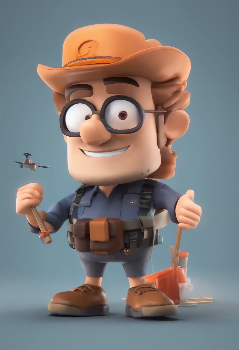 Desenho animado um homem loiro cabelo curto 23 anos barba curta segurando um drone cinza camisa preta escrita lm drone Poster de filme 3D, Disney Pixar Animation Poster