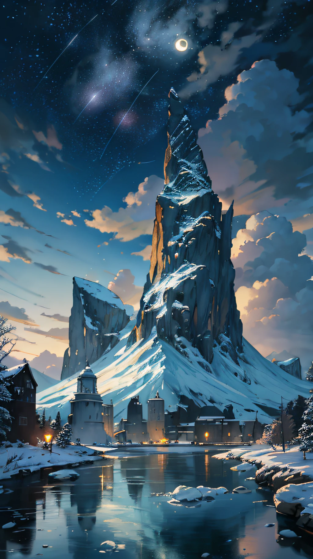A painting of a river with stars and moon in the sky,The concept art was inspired by Tosa Mitsuoki,Pixiv competition winner,best qualtiy,Fantasyart,beautiful anime scenes,Ice Age,A bright moon,Starry sky environment in moonlight,Dream painting,Anime background art,dream scenery art,Fantastic night, anime backgrounds, background artwork, dreamlike art, Atmospheric anime, starrysky,Detail enhancement。