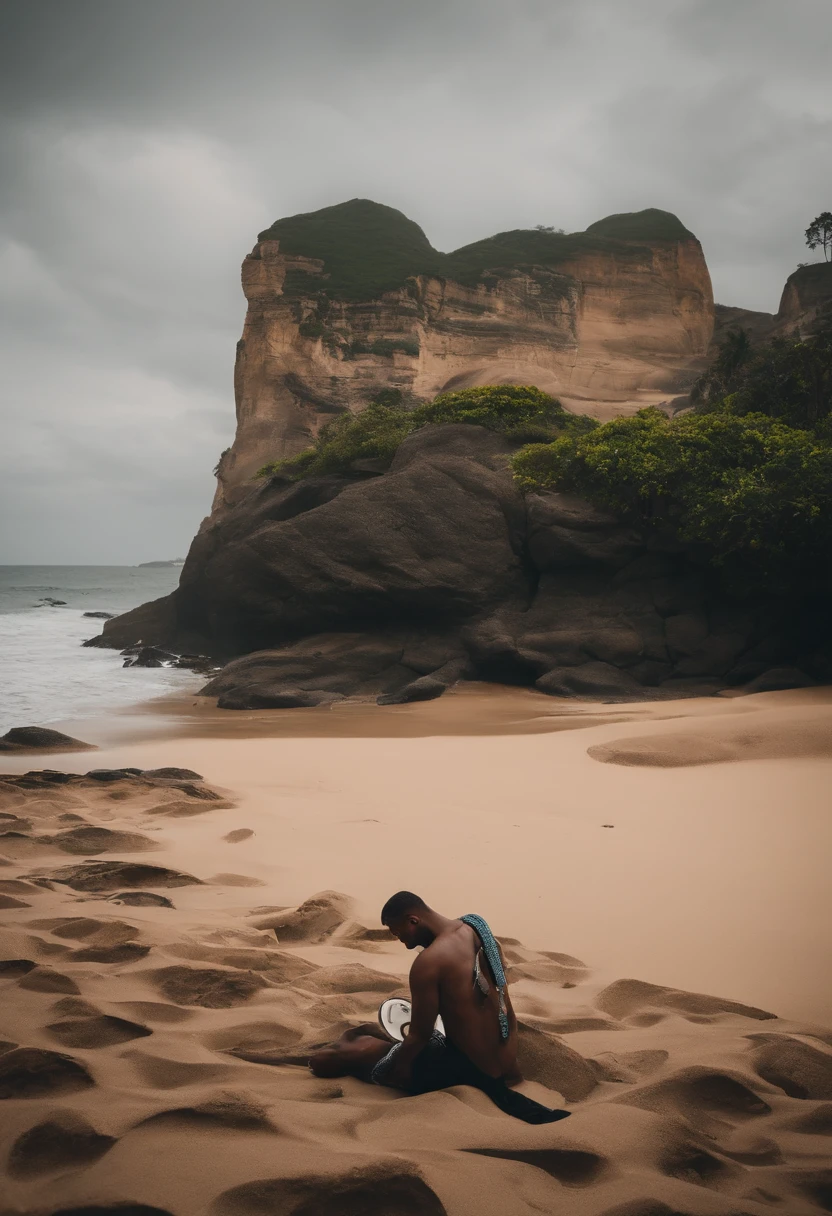 Crie um garoto tocando contra baixo em uma praia do RJ