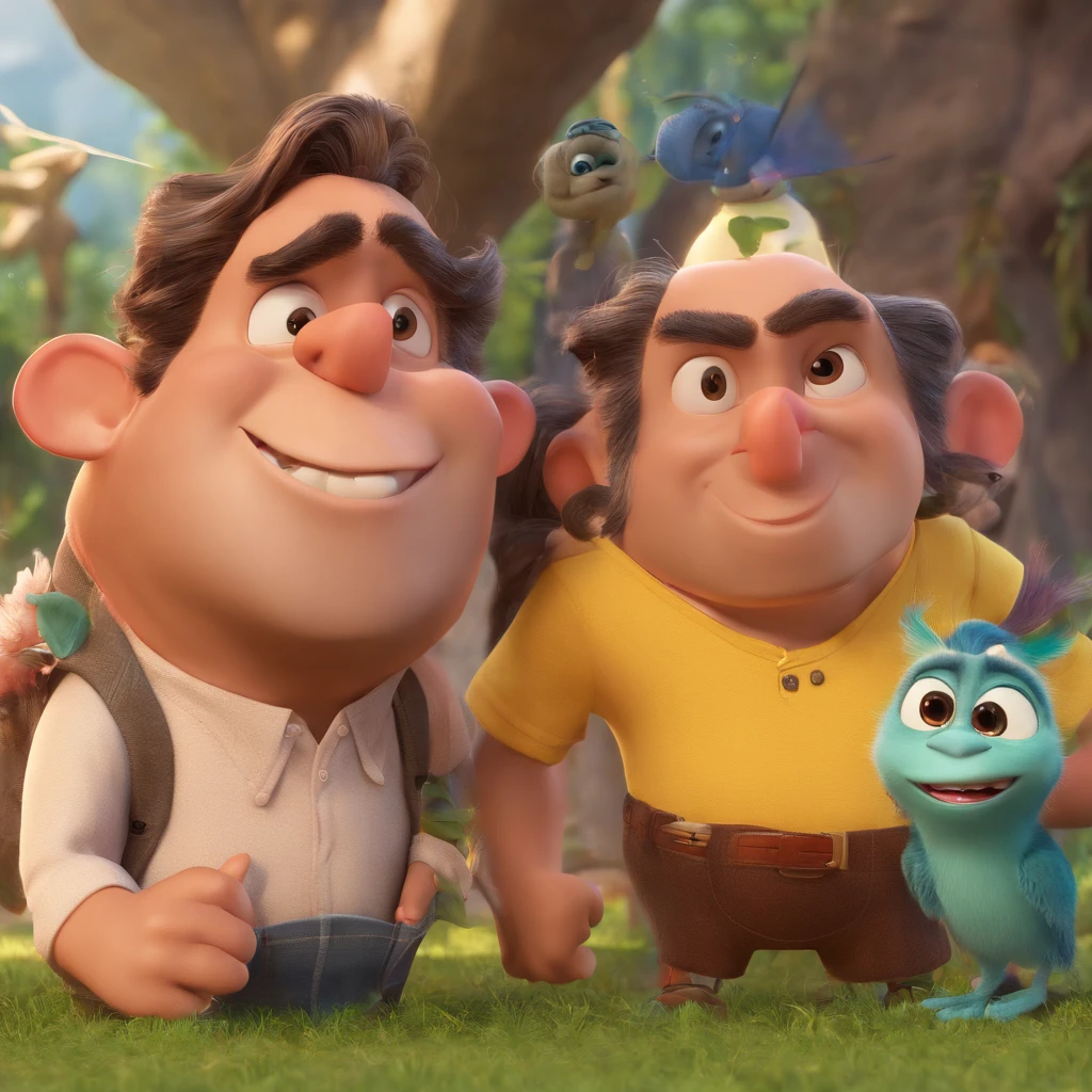 Crie um cartaz inspirado na Disney Pixar com o personagem, moreno, barba falhada, queixo quadrado, cabelo preto, topete, Strong expressions on the face, sorrindo Quero a cena dos principais filmes do PIXar