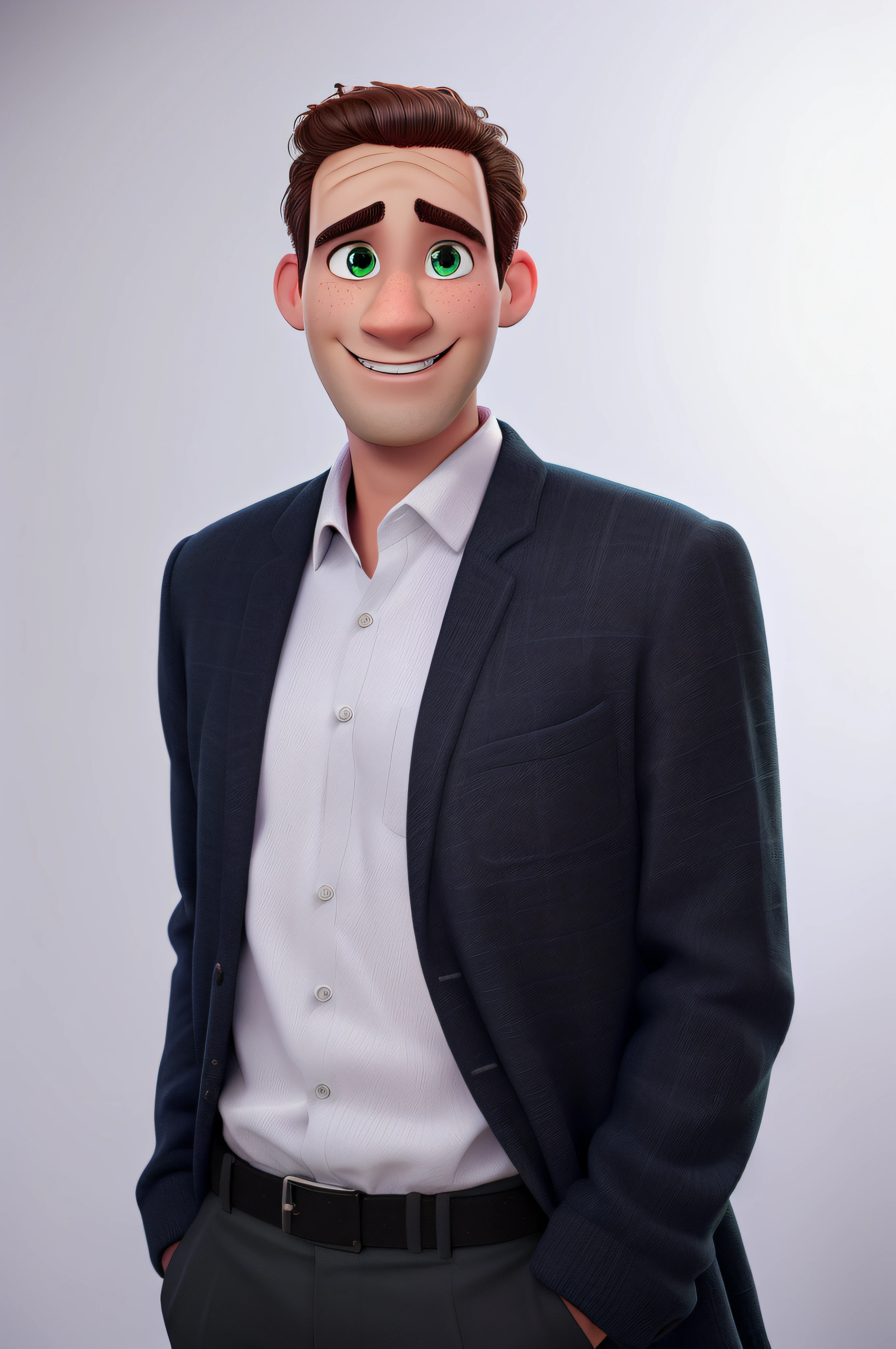 A man working as a video jocker at an event, green eyes, disney pixar style, high quality, best quality