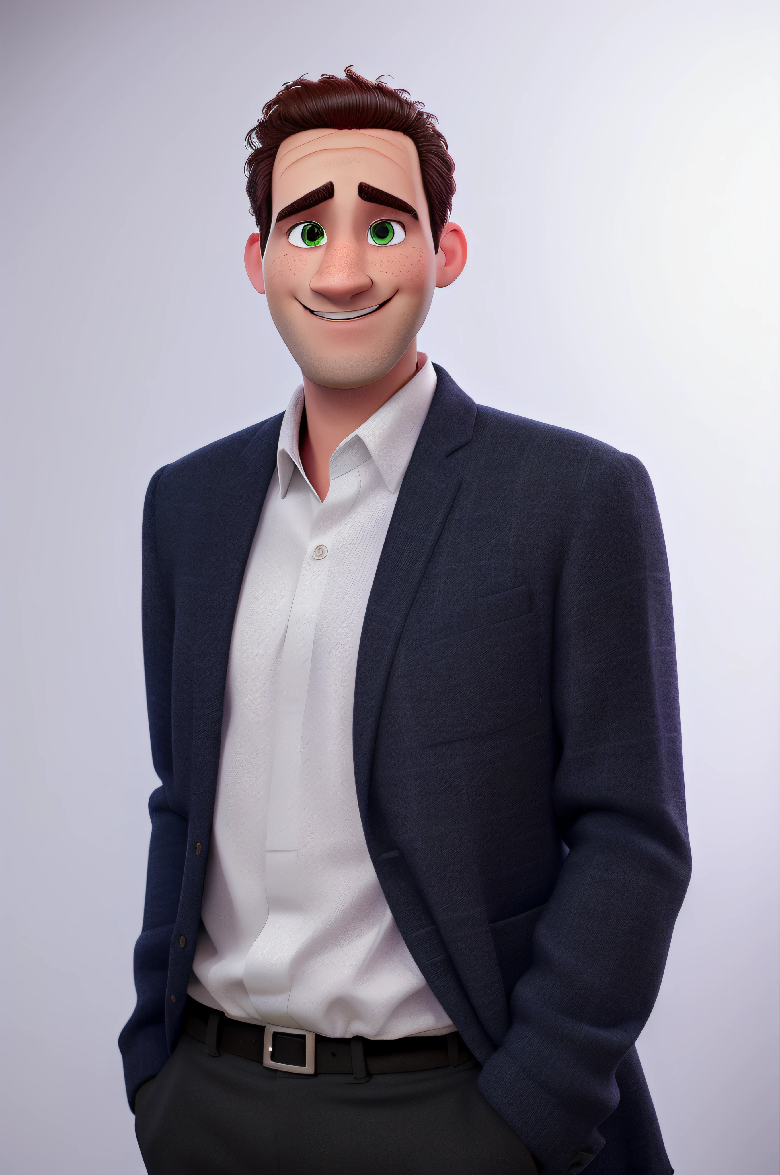 A man working as a video jocker at an event, green eyes, disney pixar style, high quality, best quality