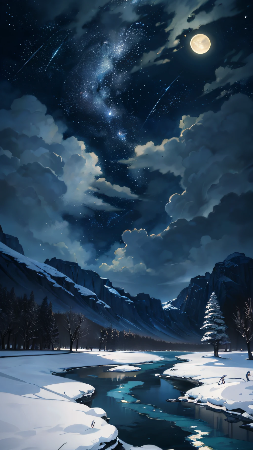 A painting of a river with stars and moon in the sky,The concept art was inspired by Tosa Mitsuoki,Pixiv competition winner,best qualtiy,Fantasyart,beautiful anime scenes,Ice Age,A bright moon,Starry sky environment in moonlight,Dream painting,Anime background art,dream scenery art,Fantastic night, anime backgrounds, background artwork, dreamlike art, Atmospheric anime, starrysky,Detail Enhancement。