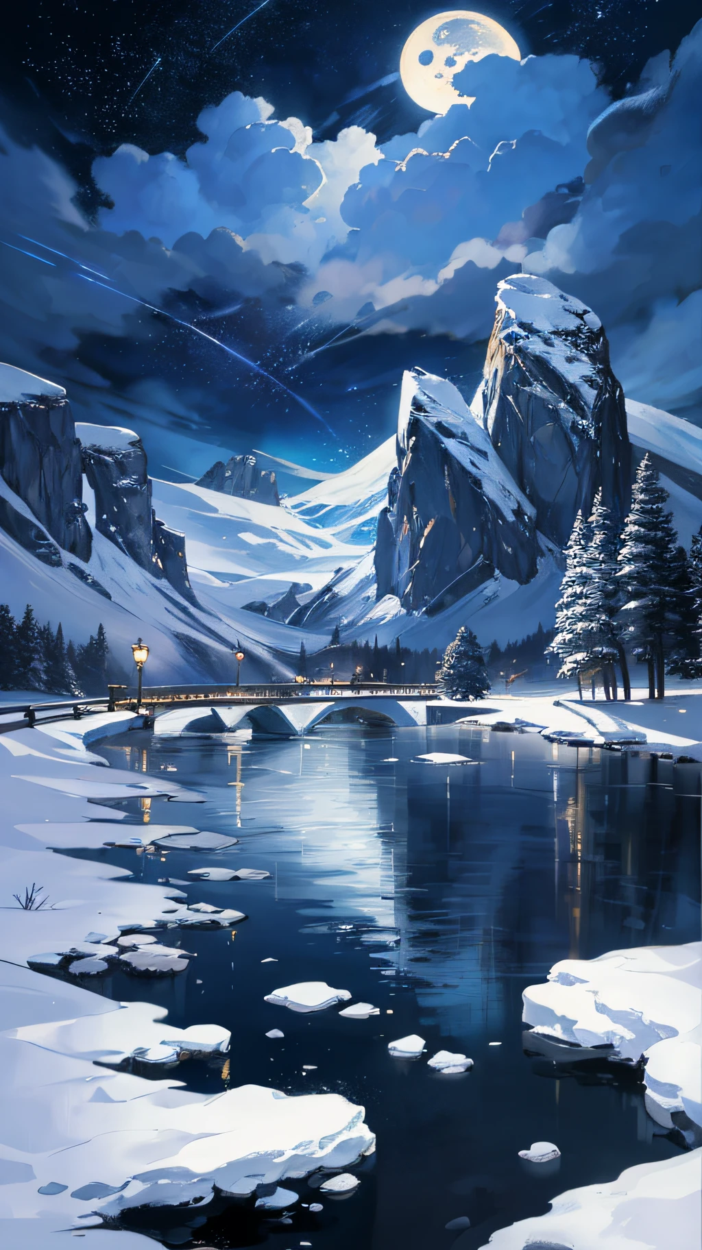 A painting of a river with stars and moon in the sky，The concept art was inspired by Tosa Mitsuoki，Pixiv competition winner，best qualtiy，Fantasyart，beautiful anime scenes，Ice Age，A bright moon，Starry sky environment in moonlight，Dream painting，Anime background art，dream scenery art，Fantastic night, anime backgrounds, background artwork, dreamlike art, Atmospheric anime, starrysky，Detail Enhancement。