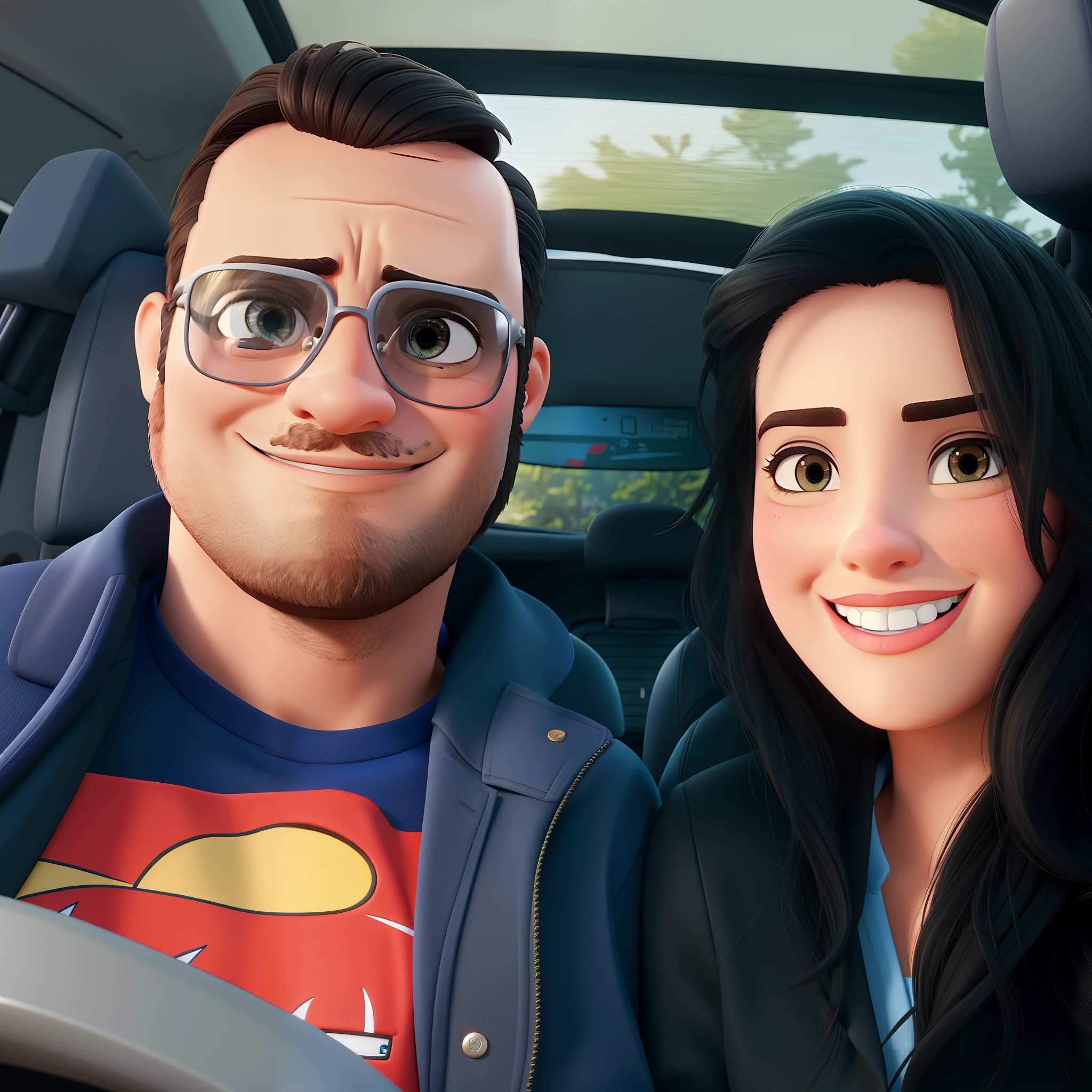 casal homem e mulher no estilo Disney Pixar, Inside a car with a panoramic roof, alta qualidade, melhor qualidade