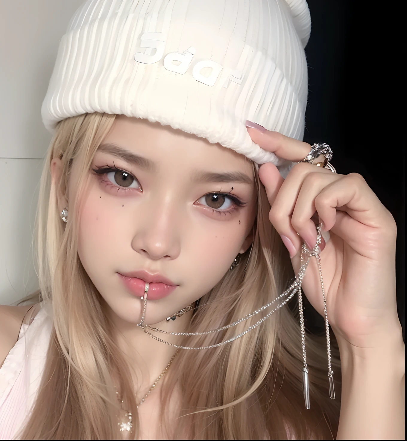 um close up de uma mulher com um piercing no nariz, Parque Roseanne do Blackpink, jossi do blackpink, Retrato de Jossi de Blackpink, jennie blackpink, Lalisa Manoban do Blackpink, Ulzzang, wearing a chocker and cute hat, Jisoo do Blackpink, com cabelos longos brancos, jisoo do blackpink, Lalisa Manobal, Kim Doyoung