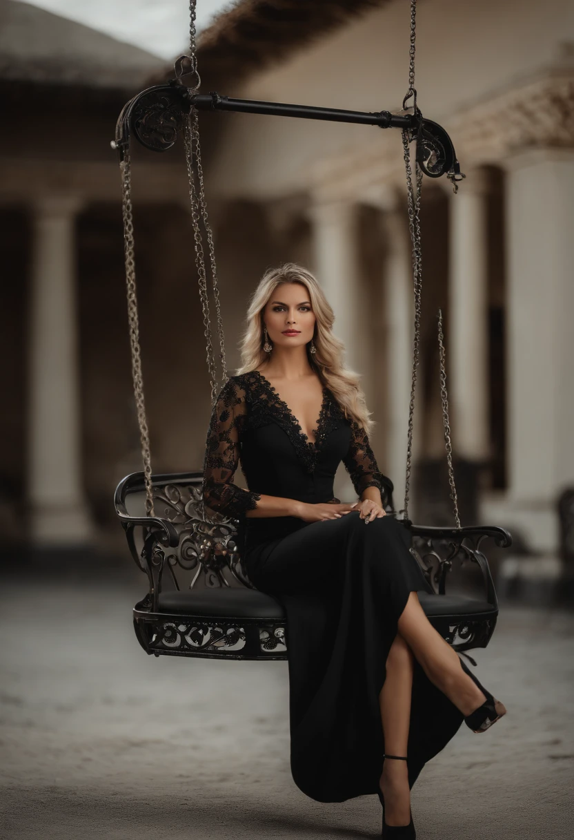 Medium shot, looking at viewer, female model sitting on a moulin rouge style swing, black bench,
with black cloth ties, with stone embroidery, neutral background with white wall (building: 1. 1), (8k, RAW photo, best quality, depth of field, ultra high resolution: 1. 2), (absurd, intricate , photorealistic, masterpiece, ultra-detailed: 1.3)