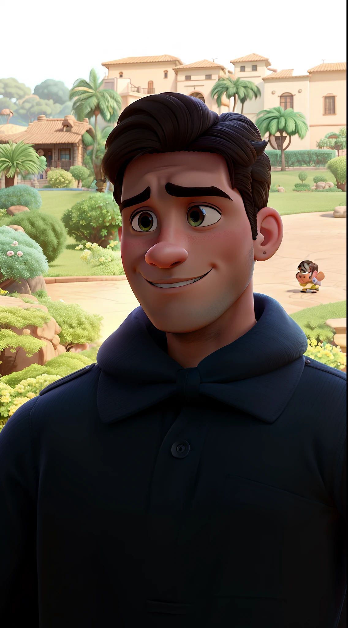 Poster estilo disney pixar. Jovem masculino bonito, brasileiro, Italian descent, 20 anos, cabelos castanhos, cabelos ondulados, olhos castanhos, cabelo taper fade