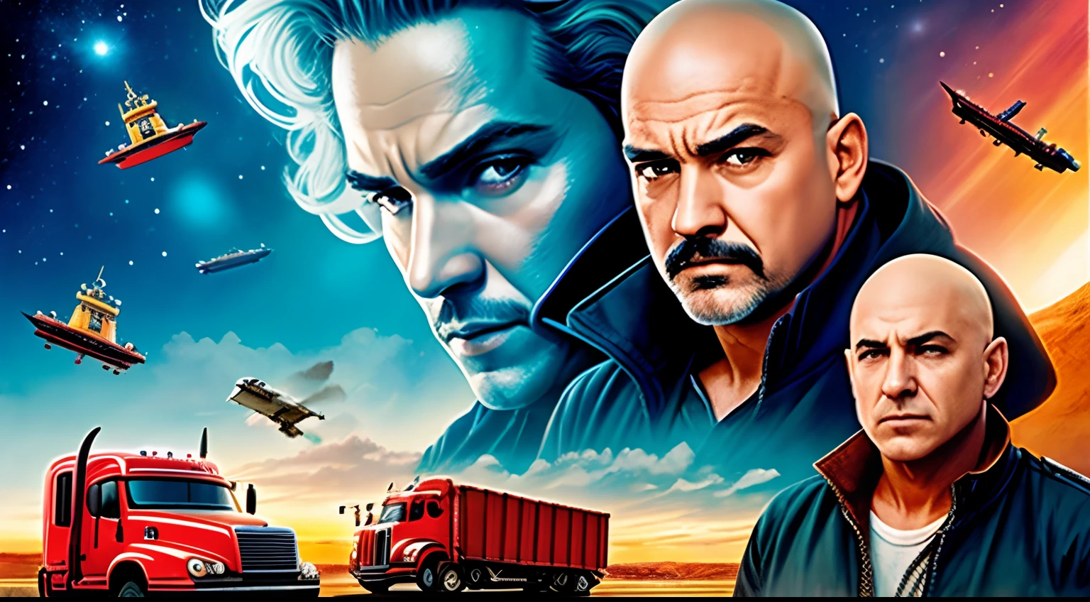 Poster de filme Disney , with the title TRAVEQUISTA, com um homem de 40 anos, barrigudo, shaved head, In a scenario with trucks close up