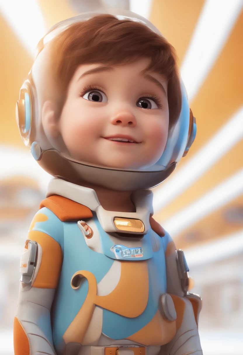 a happy cute  standing short hair, vestindo uma fantasia espacial, , fundo branco, barnet, Tom, Estilo Pixar, ........3d, desenhos animados, rosto detalhado, asymmetrical 16k