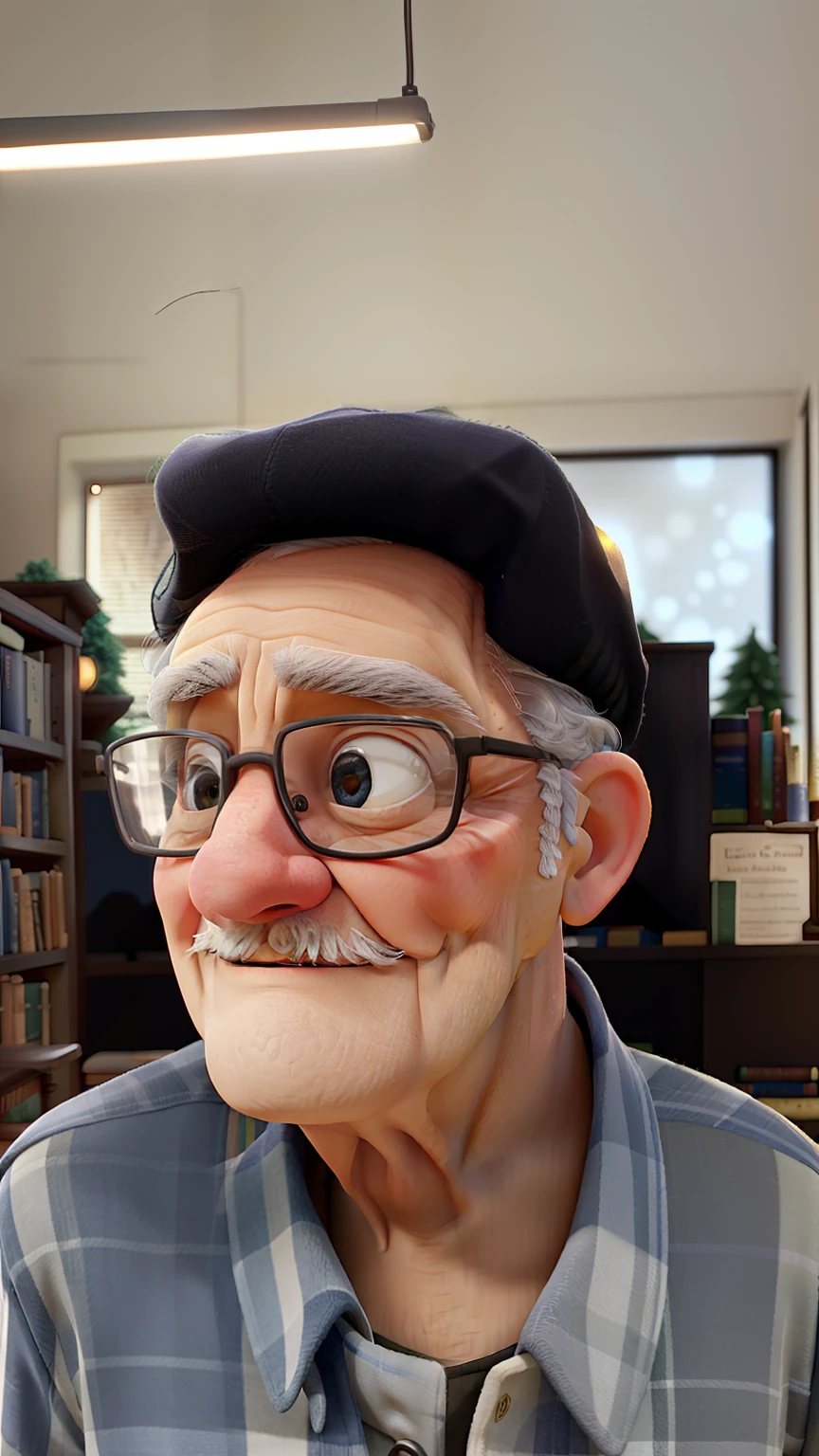 A wise old man standing in front, Illuminated by lights, With the library as a background