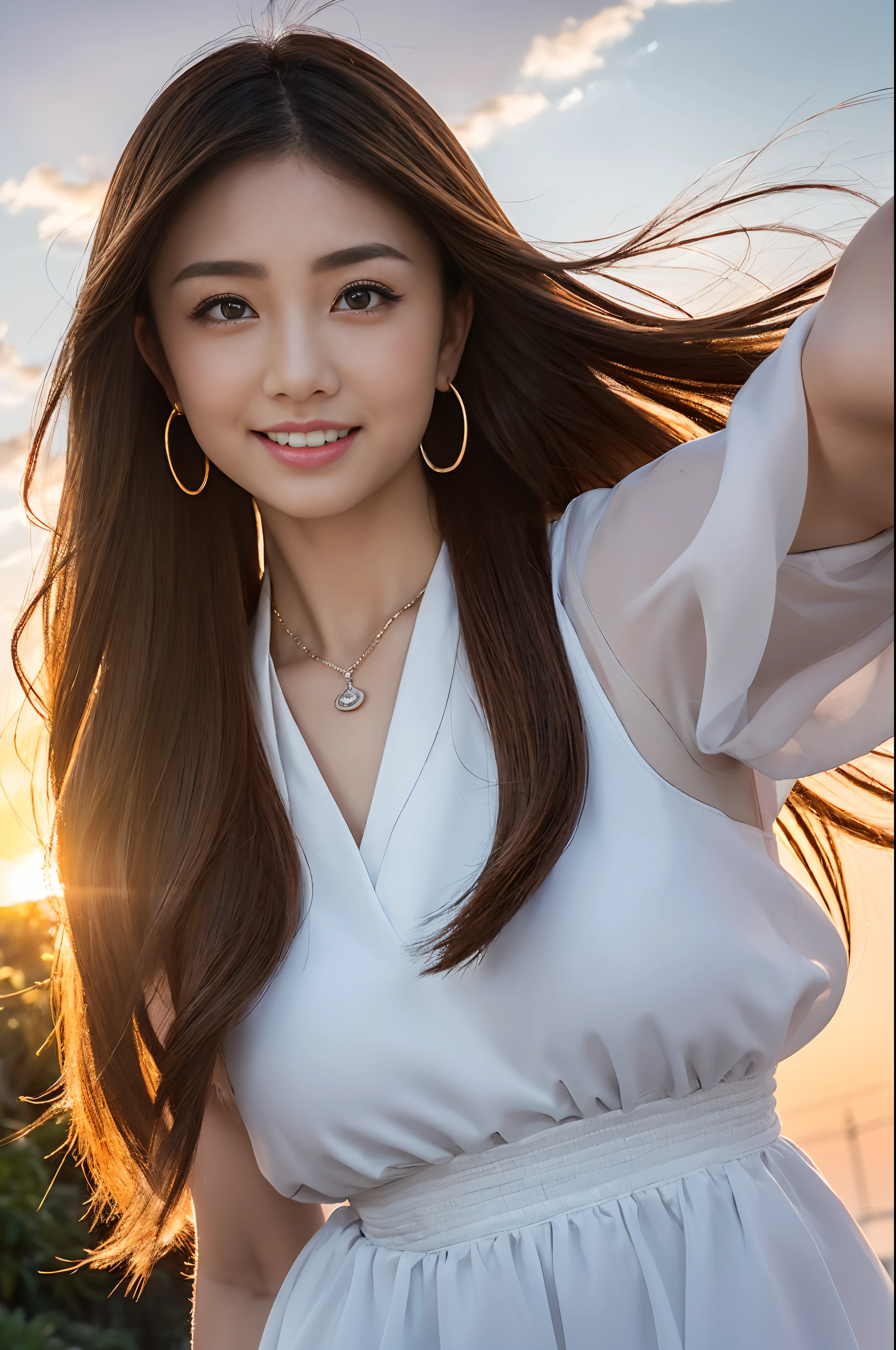 (top-quality:1.1)、(Photorealsitic:1.1)、(a picture:1.1)、(ighly detailed:1.1)、viewer、armlet、Jade Bracelet、Jade Earrings、Eye lashes、Toothless smile、a beautiful detailed girl、(extremely detailed eye and face)、(lighting on the face)、jade necklace、School uniforms for summer、(独奏:1.5)、(shores、Palm trees)、(Skin glowing in the light of the setting sun)、see -through、Light brown eyes、(((Hair fluttering in strong winds)))、((Anatomically perfectly balanced style))、Cute poses、sexypose、Blue big eyes、Full body like、red brown hair