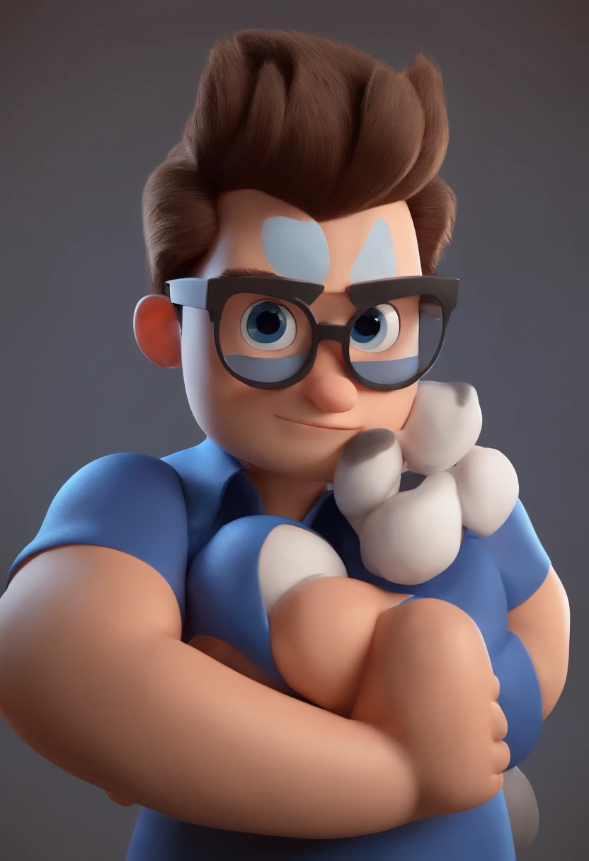 Cartoon character of a man wearing black glasses and a blue shirt, um personagem animado, Caractere estilizado, animation style rendering, 3D estilizado, Arnold Maya render, 3 d render stylized, toon render keyshot, Personagem 3D, Personagem 3D, 3d rendering stylized, 3 d character render, personagem de desenho animado, Personagem de close up, Pose de personagem, (Estilo Pixar) (master part:1.2) (Bokeh) (best quality) (pele detalhada) (textura detalhada) (8k) (argila) (Cinematic lighting) (foco nítido，Senta e vaza a parte superior do corpo