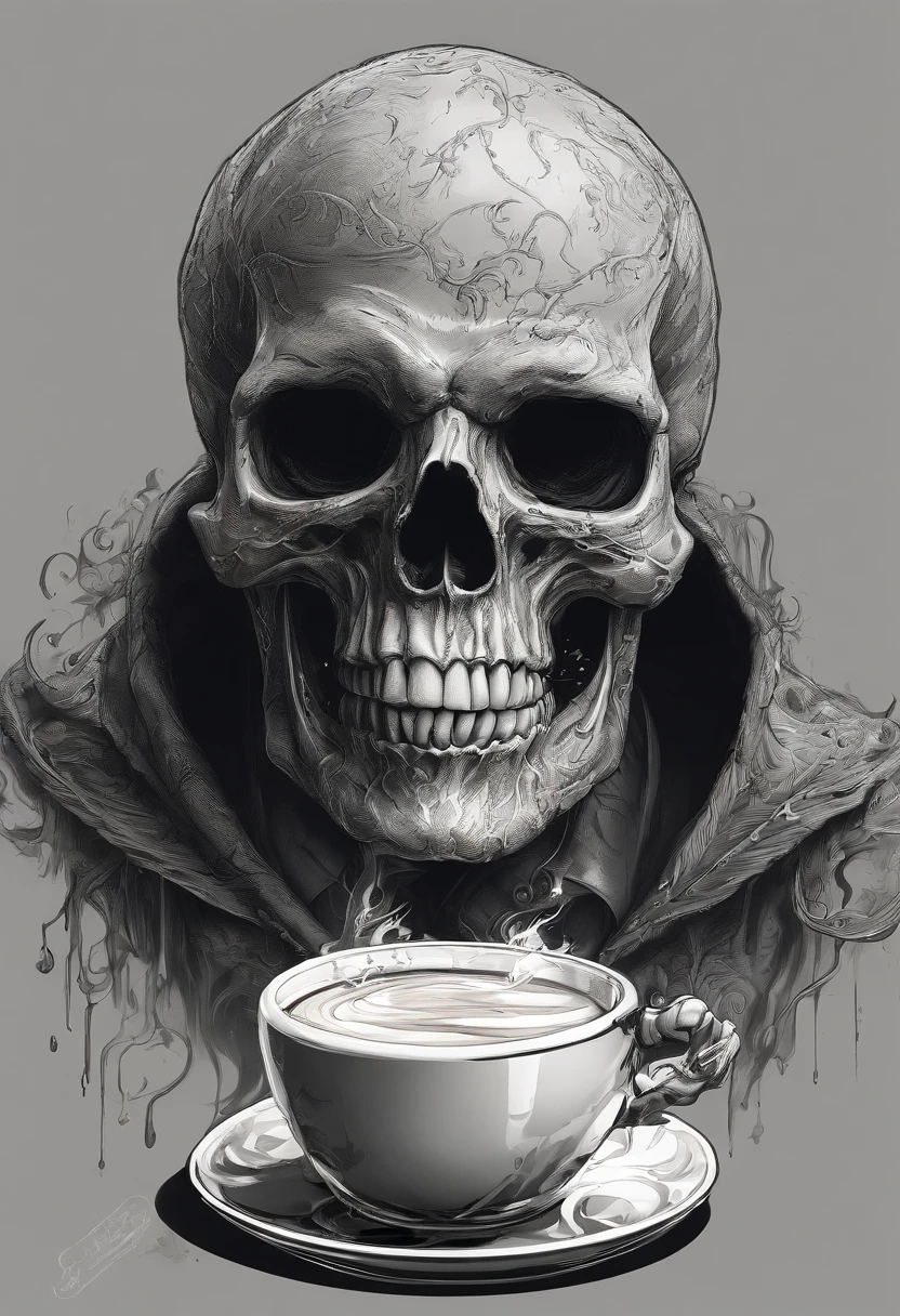 ((best qualtiy,ultra-detailed CG image,tmasterpiece)),Create stunning artwork in cyberpunk style,Flames and skulls on a cup of coffee,There is a skull on it, The Cup of Death, Burning skull, Hot coffee, fiery skull contemplating life, highly detailed digital artwork, Burning Reaper, Highly detailed digital art, Detailed digital 3D art, high detal, Amazing, Renders, author:Eddie Mendoza, Zombie coffee logo, amazing photorealistic graphics