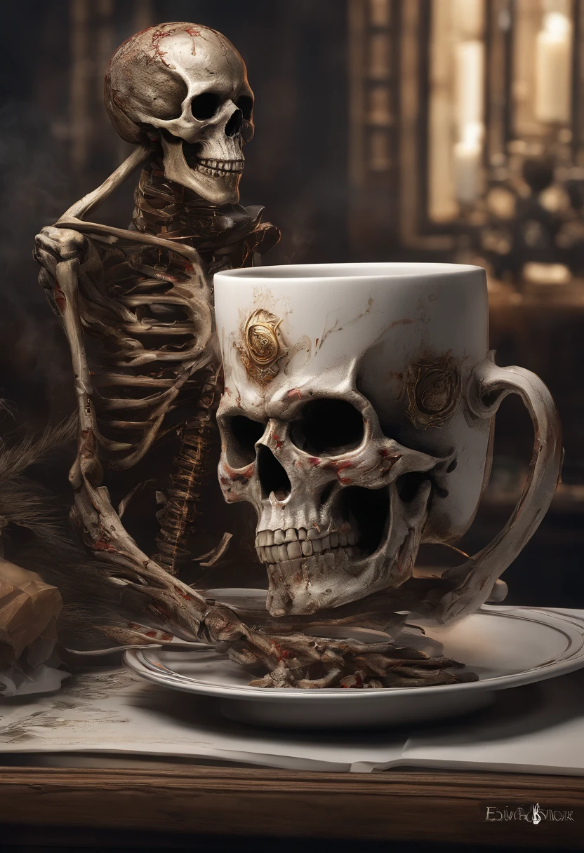 ((best qualtiy,ultra-detailed CG image,tmasterpiece)),Create stunning artwork in cyberpunk style,Flames and skulls on a cup of coffee,There is a skull on it, The Cup of Death, Burning skull, Hot coffee, fiery skull contemplating life, highly detailed digital artwork, Burning Reaper, Highly detailed digital art, Detailed digital 3D art, high detal, Amazing, Renders, author:Eddie Mendoza, Zombie coffee logo, amazing photorealistic graphics