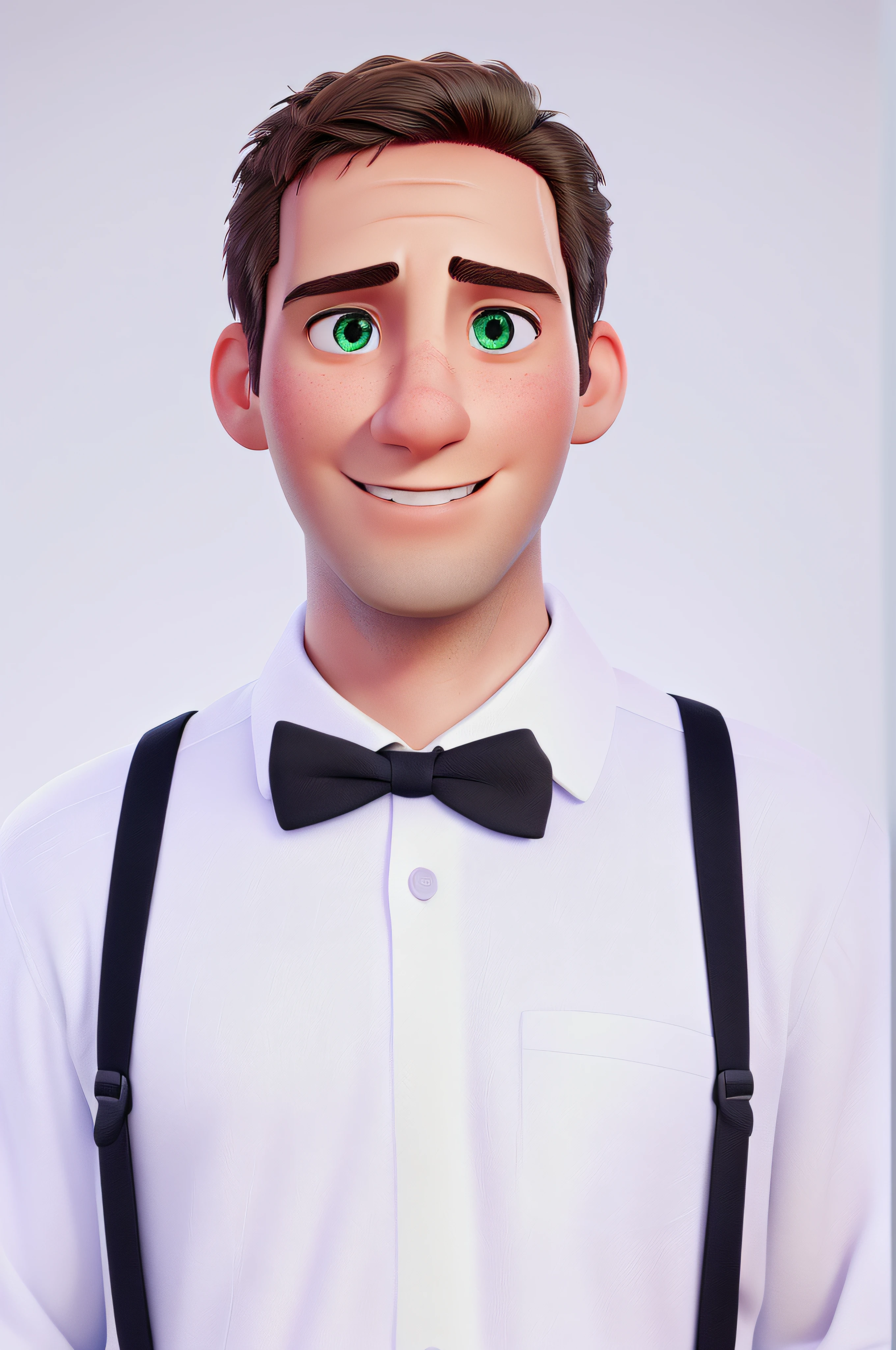 A man managing content in the software resolume in event, green eyes, disney pixar style, high quality, best quality