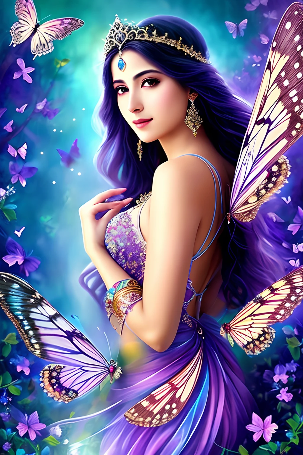 Mystical Elegance: The Enchantress of Ethereal Dreams

In a world draped in ethereal mist, a figure emerges, donned in a crown of blooming purples and vibrant blues. Her face, intricately adorned with jewels and shimmering paint, becomes a canvas telling tales of ancient magic and forgotten lore. Butterflies, enchanted by her aura, flit and dance, making her seem like the very spirit of nature's dreams. Each blink of her eyes might just be the flutter of a butterfly's wing, each whisper a rustle of leaves in the wind, masterpiece quality, HD resolution