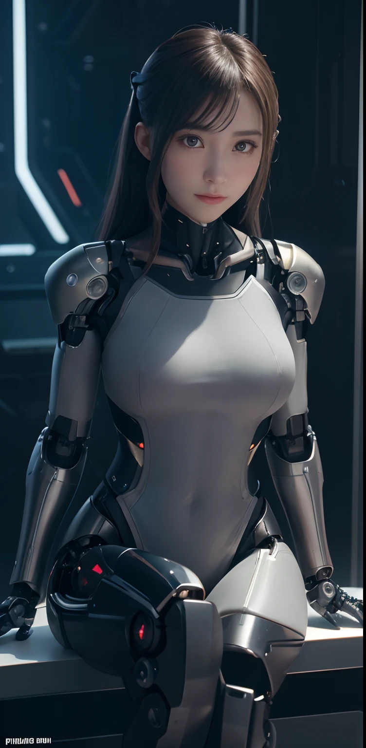 (photorealistic:1.4), (RAW photo)masterpiece, best quality, extremely detailed, (8K, 4K, Best Quality, hight resolution, 超A high resolution:1.1), 8K portrait,1girl in, Japaese android girl,announcer,Plump ,metallic robot girl,silver robot girl, control panels,android,Droid,Mechanical Hand, Robot arms and legs, Black hair,Mechanical body,Blunt bangs,White Robotics Parts,perfect robot woman,Charging spot,Long Tube,A thick cable was connected to her neck,android,robot humanoid,a bit chubby,full eyes,perfect mechanical silver body,silver robotics body,future assembly plant,She has repaired,black sponge joints,android assembly plant,android,laboratory,perfect machine body,metallic body,silver body,silver admen,The removable cover is in the groin,The connection port is in the groin,perfect mechanical breast,robotic body suits,