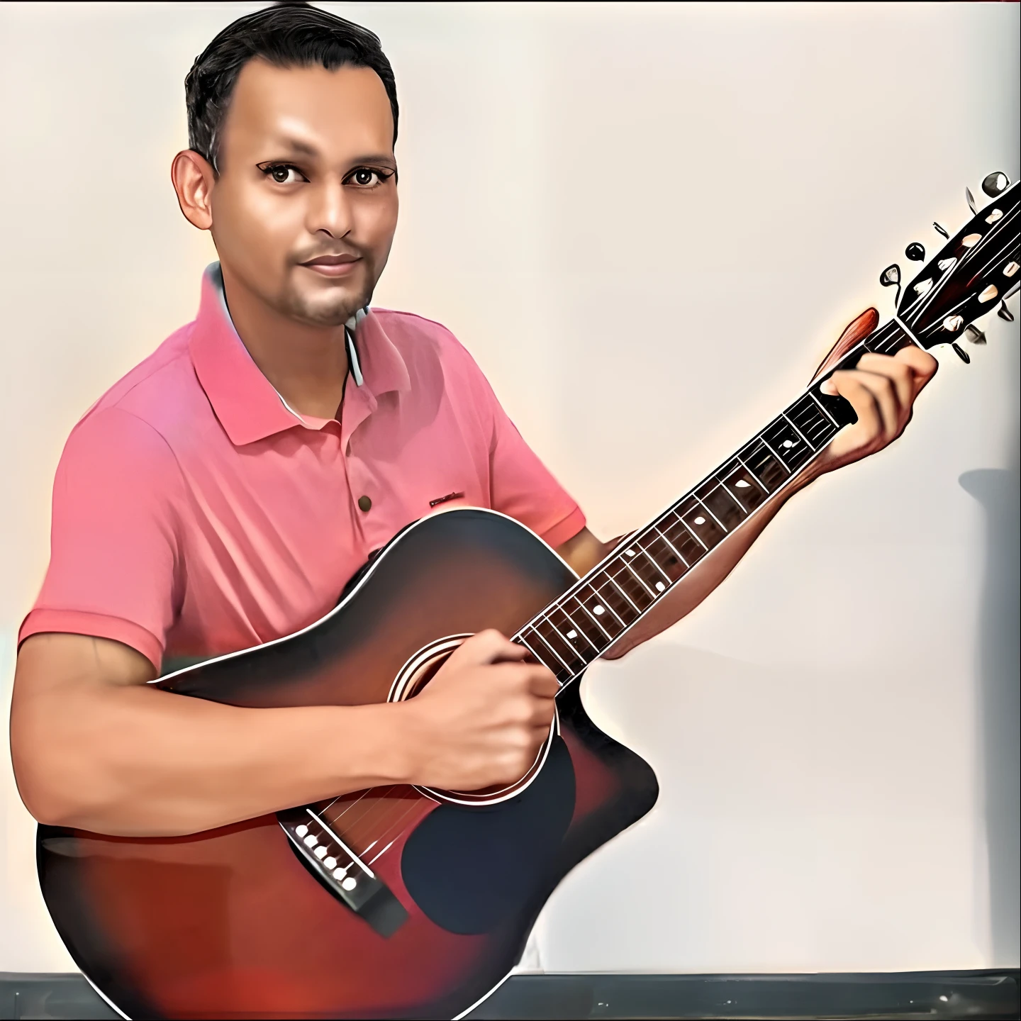 There's a man holding a guitar and smiling at the camera, inspirado em Sunil Das, inspirado em Bikash Bhattacharjee, foto de perfil, cantor e compositor, guitarrista, inspirado em Saurabh Jethani, cantor - compositor, inspirado em Shekhar Gurera, inspirado em Sudip Roy, inspirado em Narayan Shridhar Bendre, holding a guitar