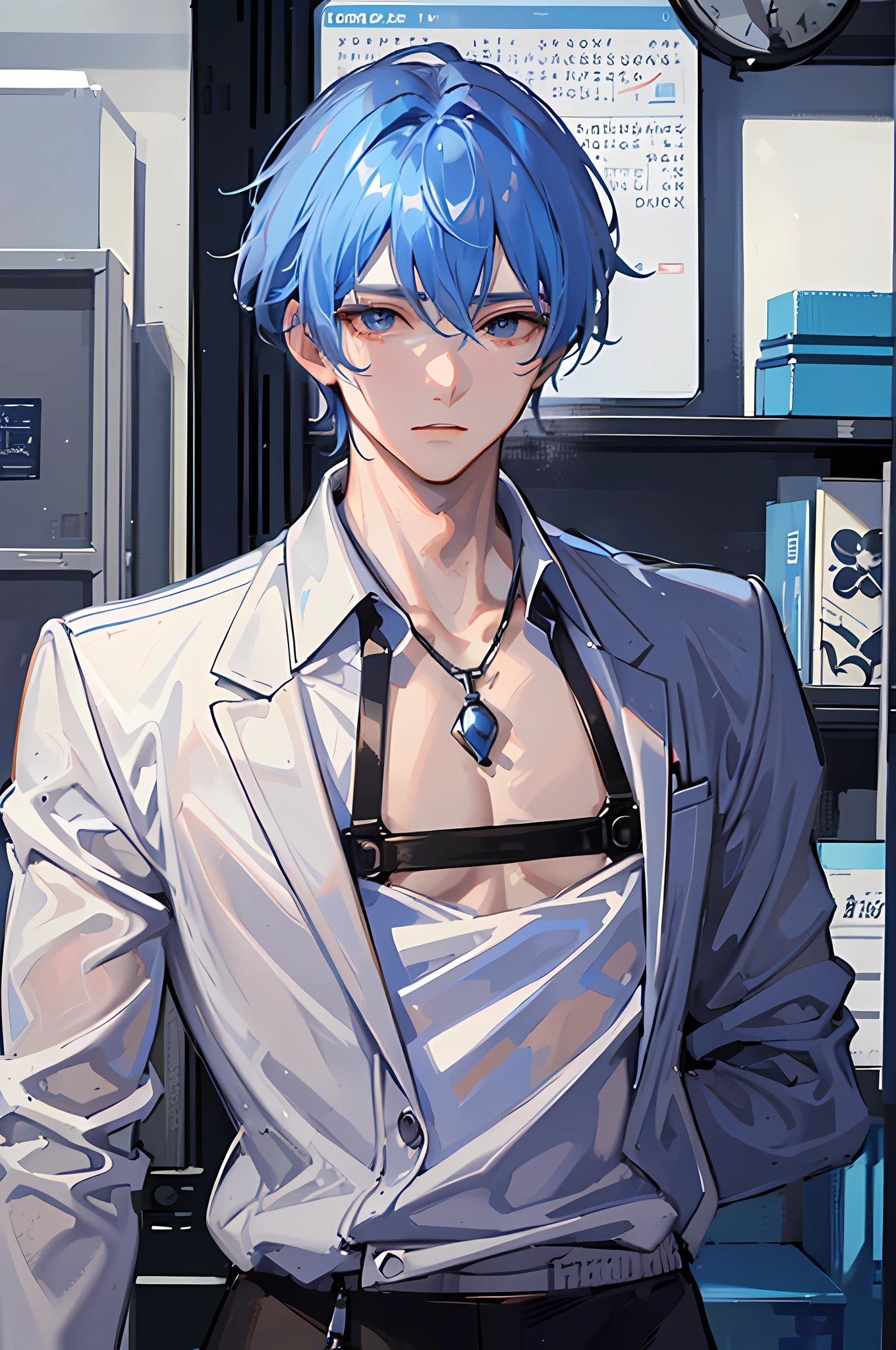 Cioccolata, doctor, white pants, white overcoat, exposed stomach, blue shoes, blue lipstick, green eyes, green face makeup, green hair, 1boy, solo, male focus, blue cross on shirt, blue arm cuffs, sitting, one strap thong, choker, teeth, toothy smile