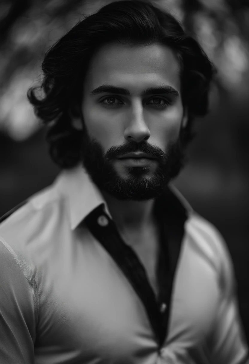 A young bearded man with a handsome face with perfect fine features, cabelos pretos longos, olhos amarelos, lindas sobrancelhas pretas, Um vampiro, a thoughtful expression on his face, com uma camisa branca de neve e uma capa preta, A dagger in his hand