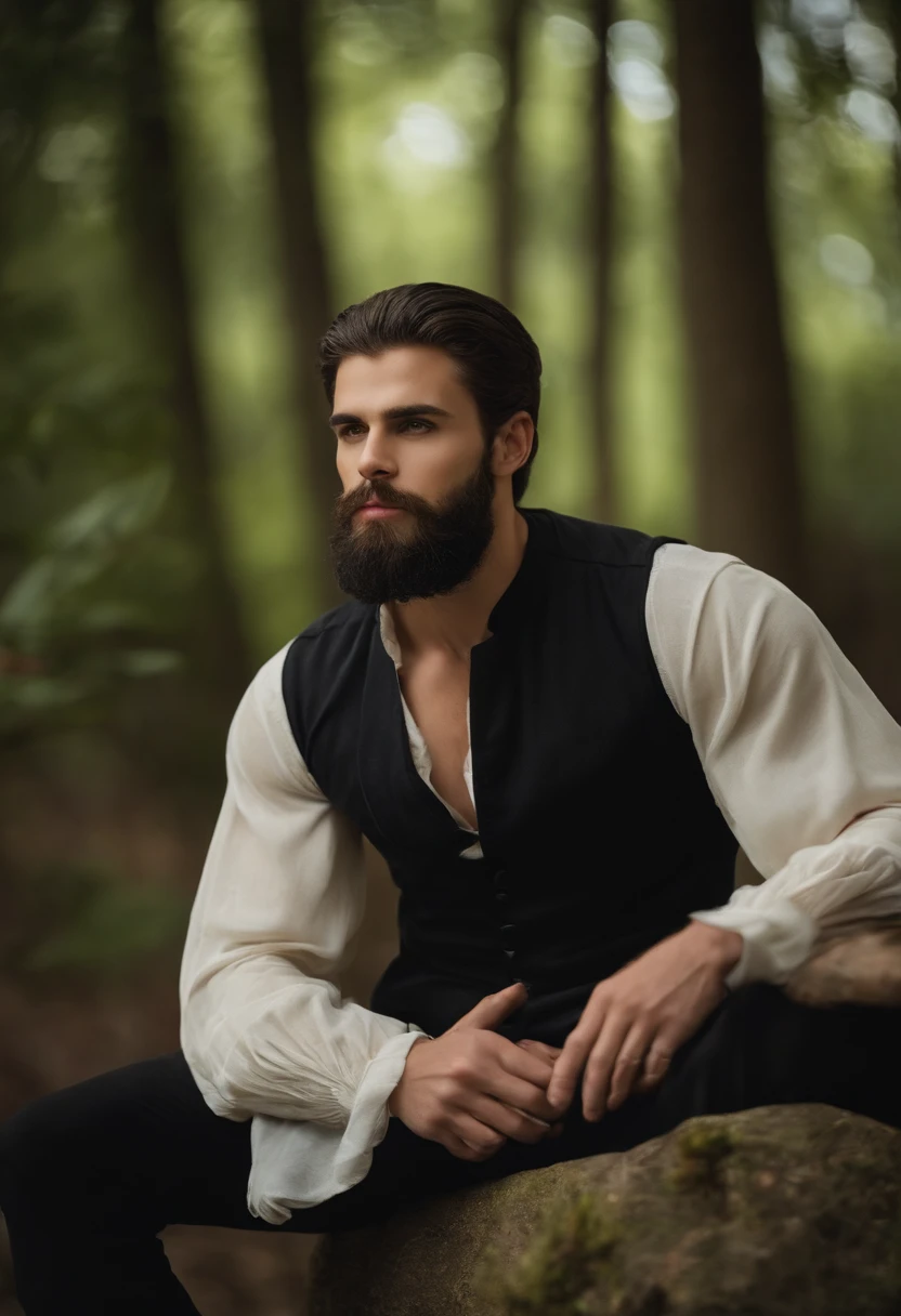 A young bearded man with a handsome face with perfect fine features, cabelos pretos longos, olhos amarelos, lindas sobrancelhas pretas, Um vampiro, a thoughtful expression on his face, com uma camisa branca de neve e uma capa preta, A dagger in his hand