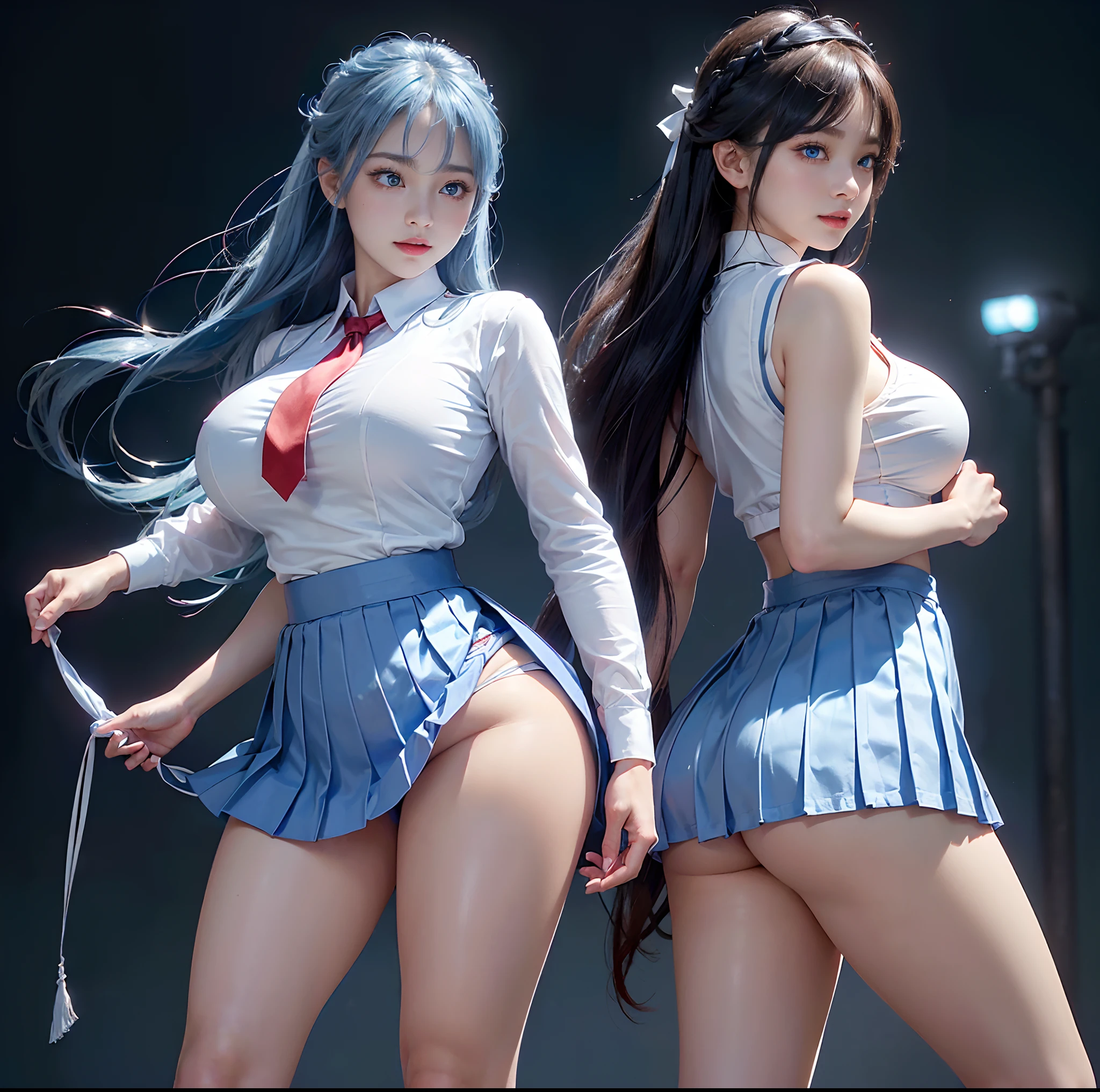 top-quality, 4K picture quality, masterpiece, Professional lighting without shadows, A hyper-realistic, perfect anatomia, Two girls, (Proudly stand in front of the camera、With a girl showing off a ribbon tie from the front, Another girl on the other side is bending down next to her and sticking her ass out), ( with perfect body、Colossal breasts with tension:1.3), Bright and even whitening skin without wrinkles and steps, (Reflects a lot of light with bright and beautiful blue eyes with long eyelashes and plump red tear bags:1.4)、 Cute hairstyles, (Her outfit is、Dress up the ultra-thin fabric tight-fitting school girl uniform with a super short super mini pleated skirt:1.3), (With an intricate design around the neck、Proudly showing off a crimson ribbon tie from the front:1.2), (Another girl on the other side、To beautifully emphasize the proud big butt、Exposing a big butt from directly behind:1.5), (She smiles with sleepy half-eyes),