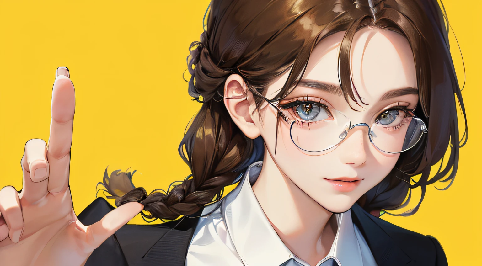 (((1人の女性)))、(Top resolution、Distinct_image) best qualtiy、((Black suit jacket)),(((Transparency)))、contrasts of light and shadow、eye glass、Simple yellow background、((Soaring light))、((illuminating))、ighly detailed、Semi-realistic、Brown hair、Braided hairstyle、Smile、bangss、20yr old、Office Lady,,年轻、((White shirt))、((View from above))、delicated facial features、Facial features、