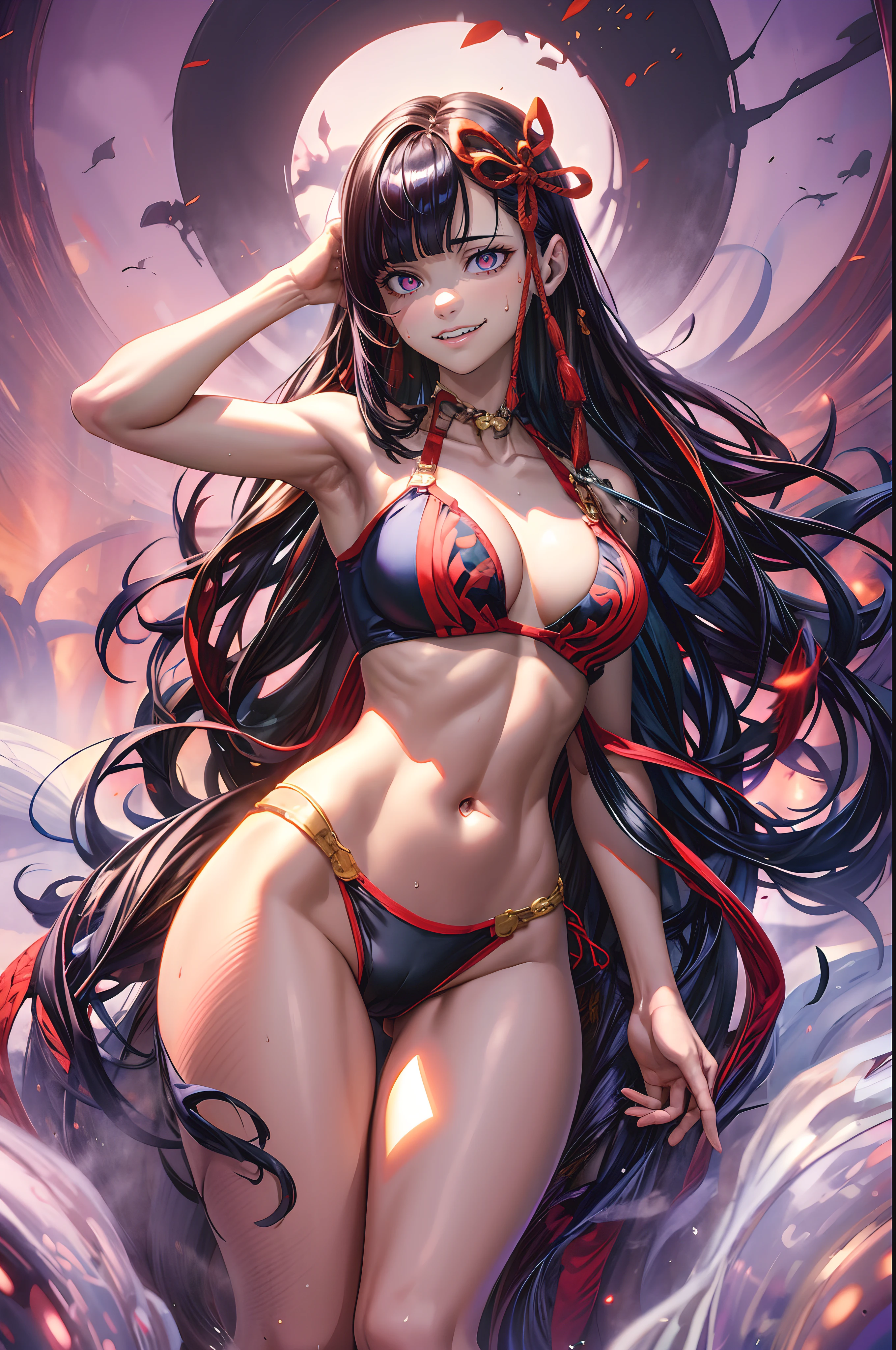 sweating, glowing eyes, heavy breathing, 1girl, breasts, navel, looking_at_viewer, solo, large_breasts, armpits, thighs, collarbone, bare_shoulders, tentacles, purple_bikini, cleavage, glow effects, godrays, Hand drawn, render, 8k, octane render, cinema 4d, blender, dark, atmospheric 4k ultra detailed, cinematic, Sharp focus, big depth of field, Masterpiece, colors, 3d octane render, 4k, concept art, trending on artstation, hyperrealistic, Vivid colors, extremely detailed CG unity 8k wallpaper, trending on CGSociety, Intricate, High Detail, dramatic, looking at viewer