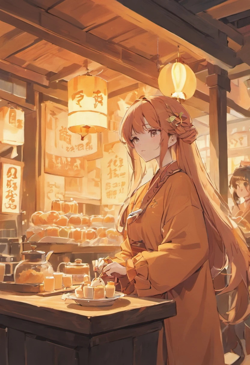 Orange colors,milk tea,Flat illustration style,senior color matching,exquisitedetails,Dunhuang wind,National style,China-style,Landscape painting,Milk tea packaging design with buns