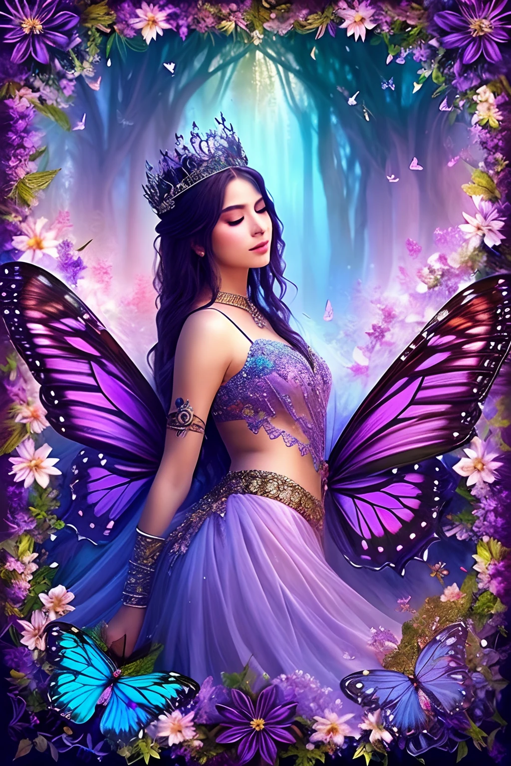 Mystical Elegance: The Enchantress of Ethereal Dreams
In a world draped in ethereal mist, a figure emerges, donned in a crown of blooming purples and vibrant blues. Her face, intricately adorned with jewels and shimmering paint, becomes a canvas telling tales of ancient magic and forgotten lore. Butterflies, enchanted by her aura, flit and dance, making her seem like the very spirit of nature's dreams. Each blink of her eyes might just be the flutter of a butterfly's wing, each whisper a rustle of leaves in the wind, masterpiece quality, HD resolution