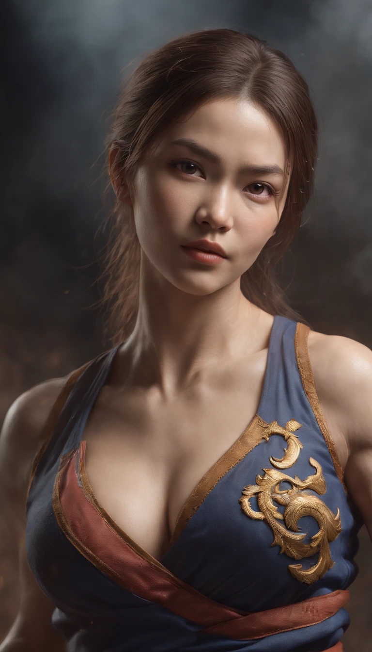 ((Chum Li do Street Fighter, ultra realistic)), (((full entire body))), ((perfect hands)), stunning, Hyper-Realistic, Octane Rendering, It is surrounded by the effects of smoke and lightning., Street Fighter Estilo, Old background, majestic, stunning (wallpaper), Concept Art, intricate detailed, high-detail, ((motion picture)), breathtaking, (Very high quality, get, Main parts:1.5), (fotorrealista:1.5), shooting imaging, realistic photo, Nikon, natural light, 10, high-res, XF IQ4, 150 million pixels, 50 mm., ISO 1000 Certification, 1/250 years, natural light, adobe lightroom, photolab, Relationship in Photography, PhotoDirector 365, ::n_Digital Painting Style, Deformed parts, The face is deformed., ((ugly face)), ((Deformed hands)),