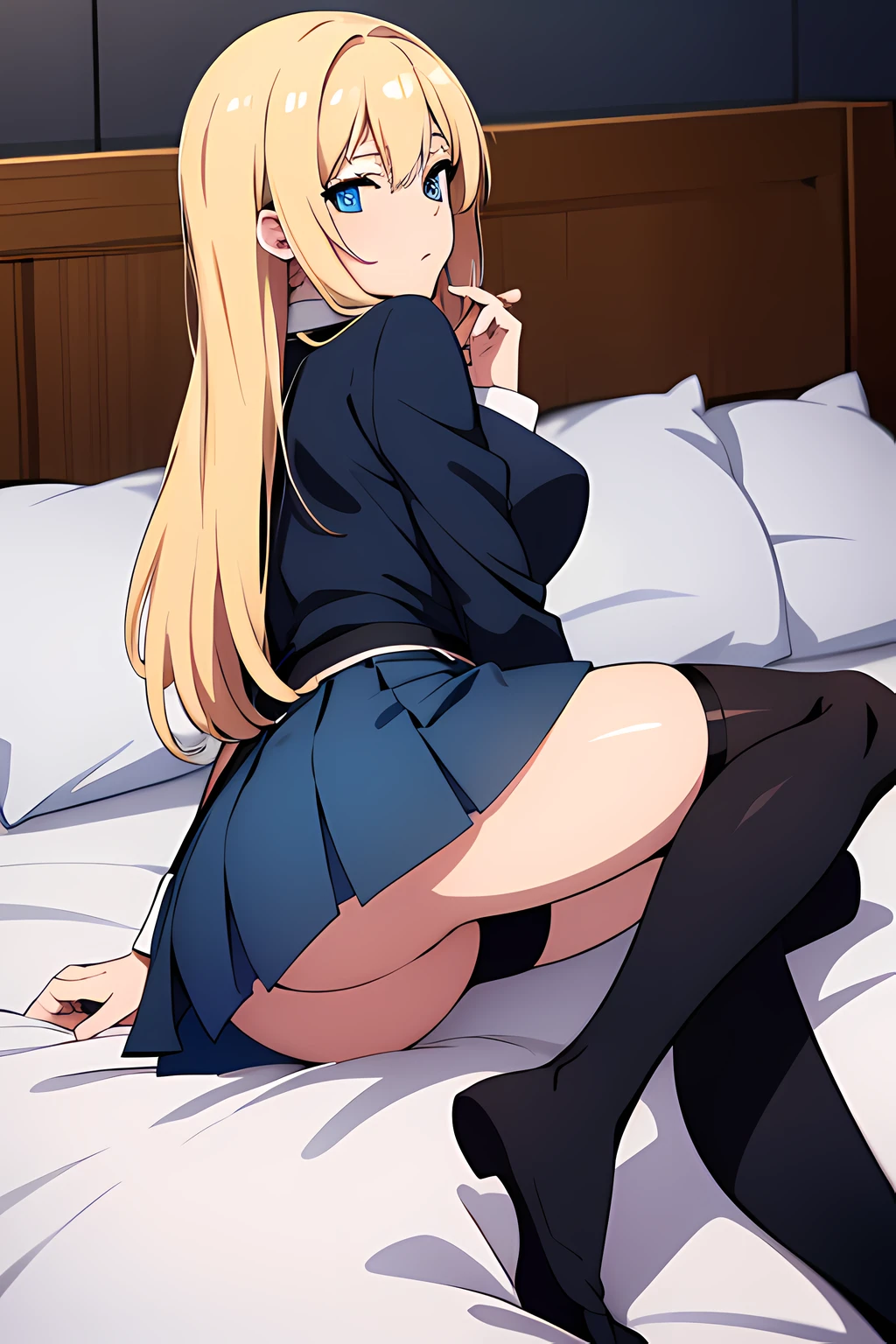 1 girls, long blonde hair, (blue eyes:1.5), solo, business woman, ((salary woman outfit, short skirt))), ((black legwear, zettai ryouiki)), facing away from the camera, backside, lying on bed with doggy style sex position, back, butt, bedroom, sharp outline, short sleeves, looking at viewers, camera angle from behind, full body, best quality, masterpiece