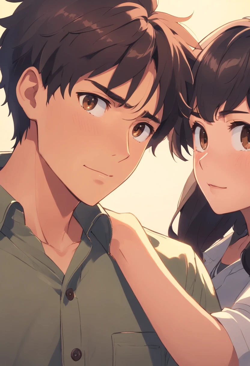 Masculine (Masculine), Brown eyes, Mole on the right corner of the mouth., Skin tone, Short dark black curly hair, Khaki oversize shirt, gowns, Caco pants, simple background, anime, fantasy.
