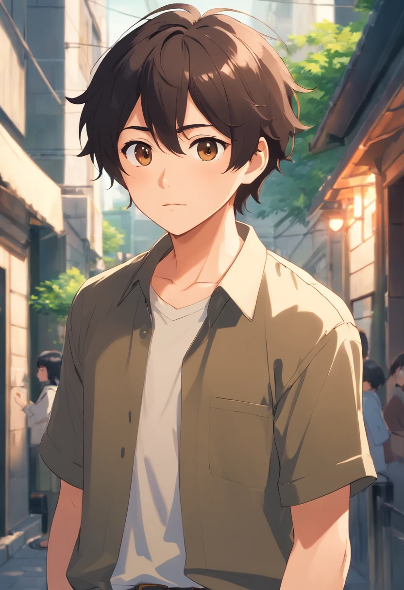 Masculine (Masculine), Brown eyes, Mole on the right corner of the mouth., Skin tone, Short dark black curly hair, Khaki oversize shirt, gowns, Caco pants, simple background, anime, fantasy.