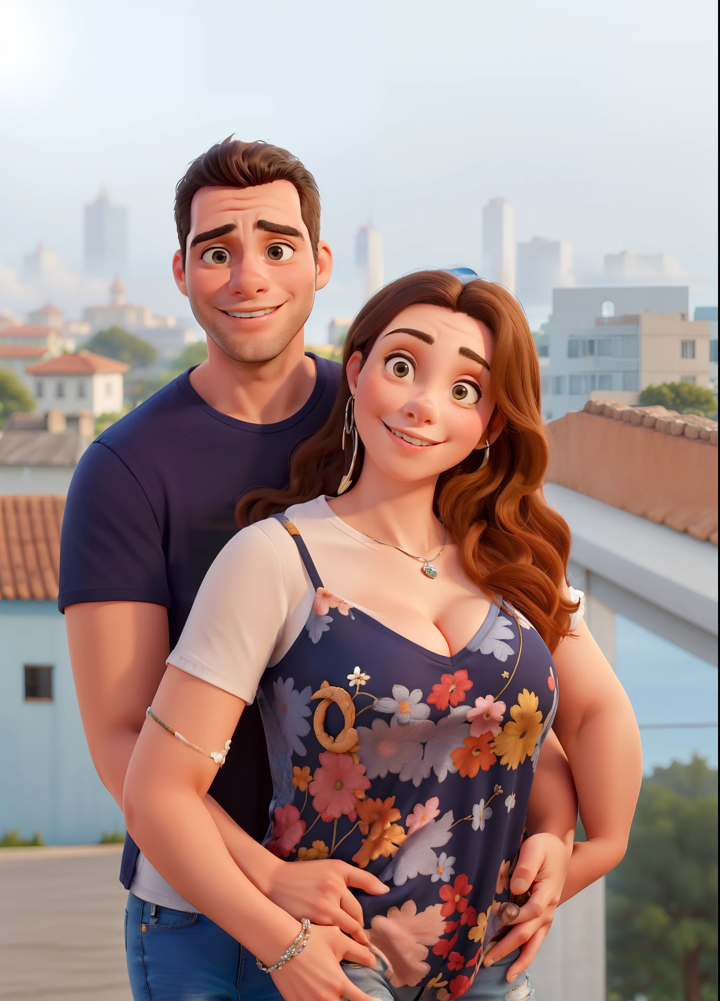 Obra-prima, de melhor qualidade, A couple embracing, a cidade ao fundo, ele veste camiseta preta e calca jeans azul, ela veste vestido florido.