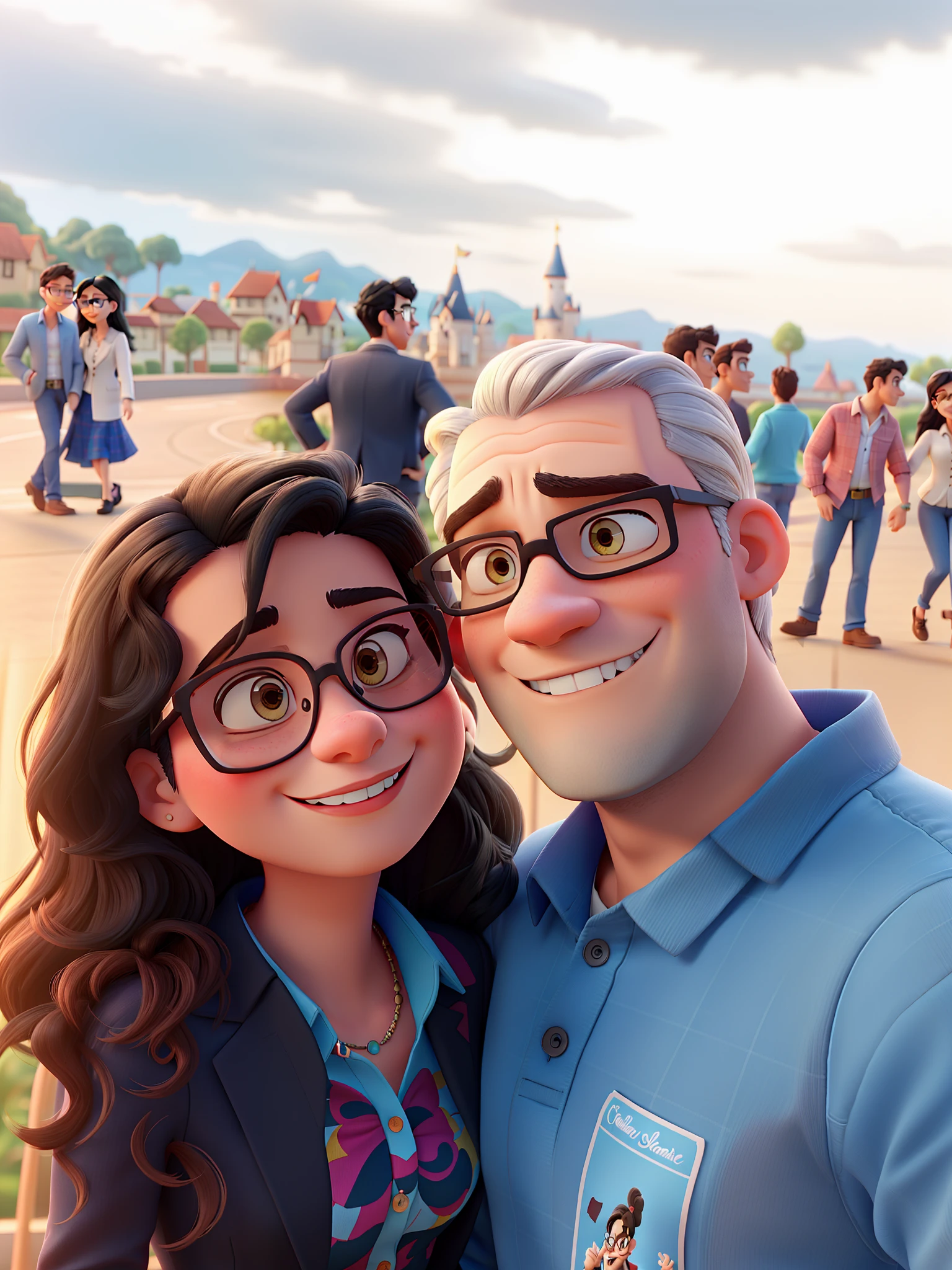 romantic couple, just like the Disney Pixar movies, she has black hair and wears glasses. Ele tem cabelos castanhos claros, He's wearing glasses and skinny and he's wearing a blazer and jeans with black shoes