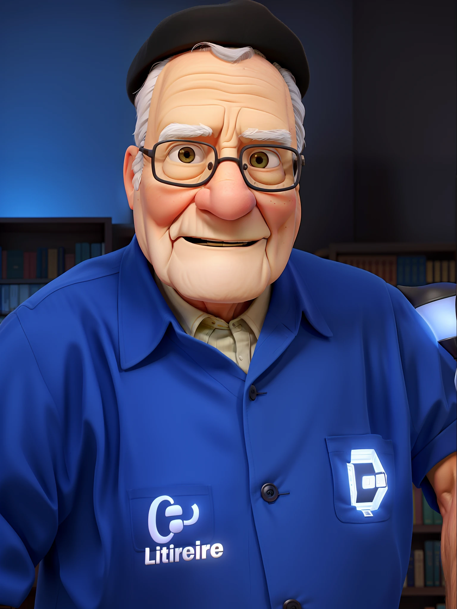 A wise old man standing in front, illuminated by the light of a lamp, against the backdrop of a library