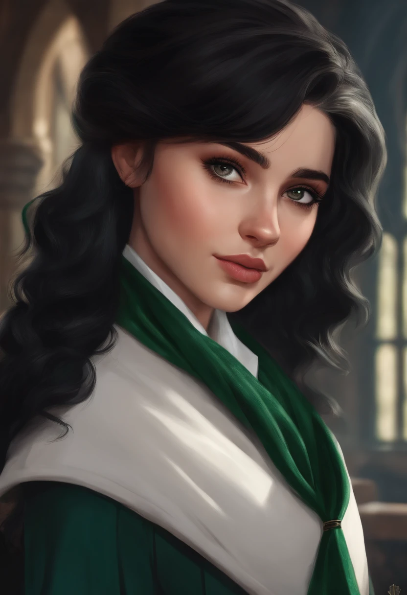 A black-haired Hermpsa girl in the Hogwarts uniform with a Slytherin house scarf