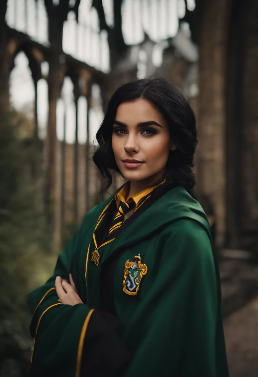 A black-haired Hermpsa girl in the Hogwarts uniform with a Slytherin house scarf